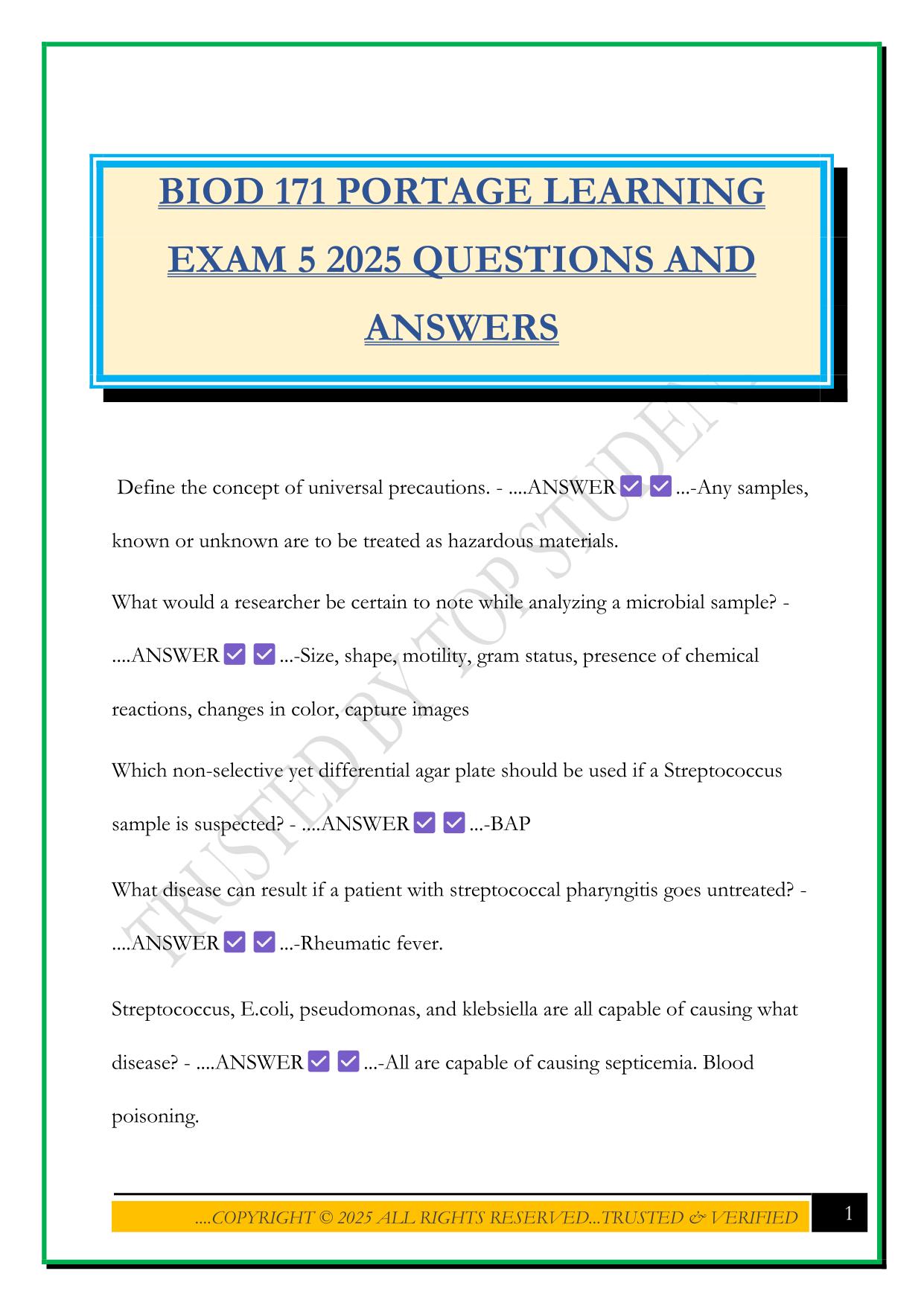BIOD 171 PORTAGE LEARNING EXAM 5 2025 QUESTIONS AND ANSWERS