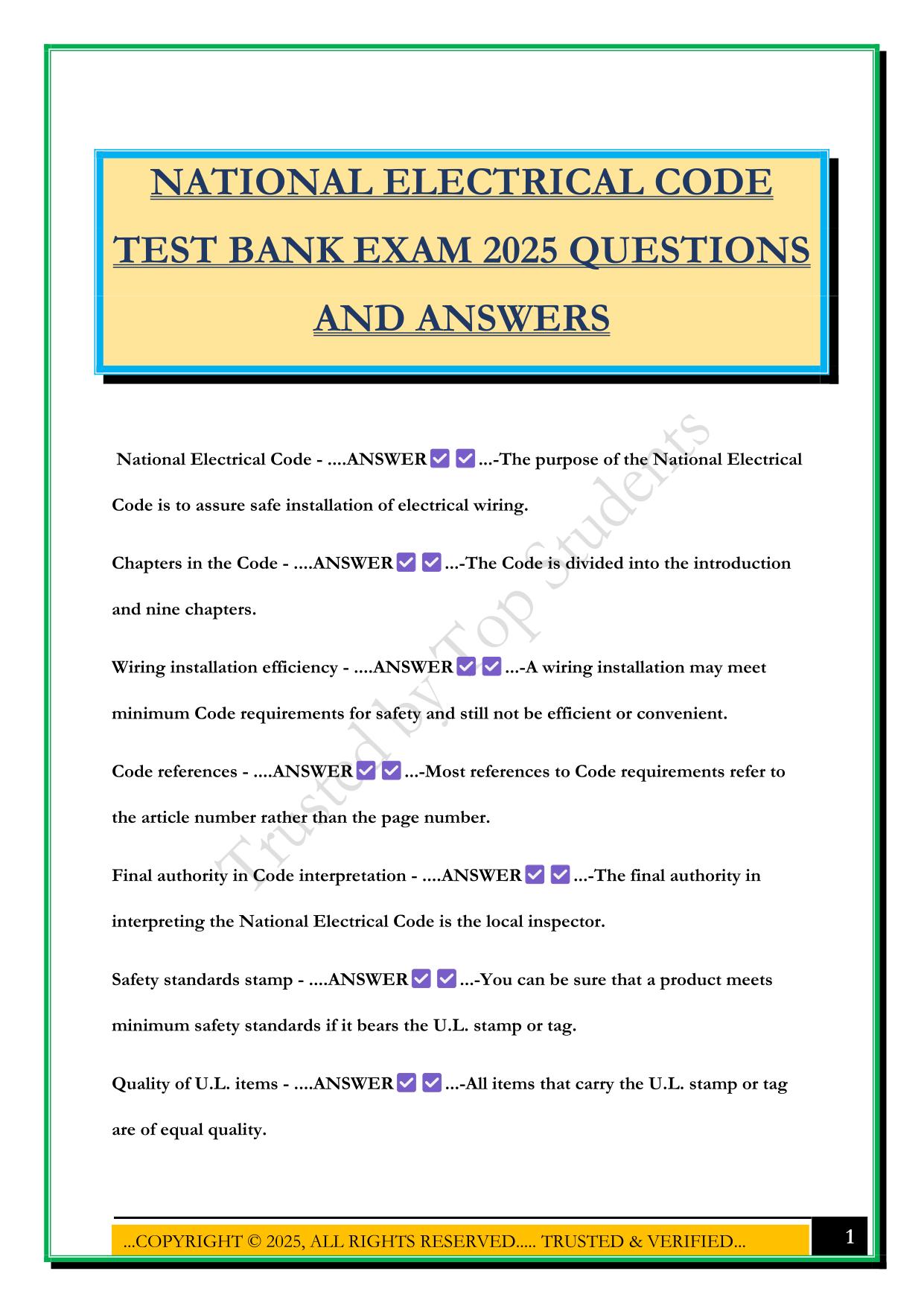 NATIONAL ELECTRICAL CODE TEST BANK EXAM 2025 QUESTIONS AND ANSWERS