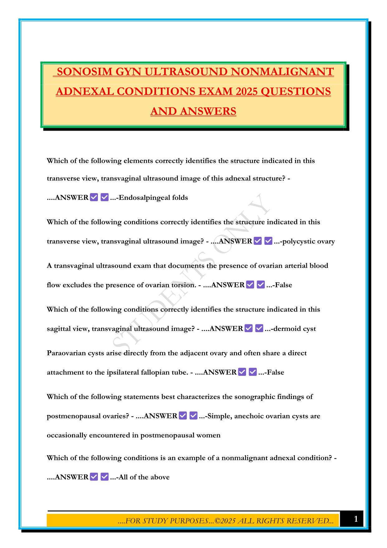 SONOSIM GYN ULTRASOUND NONMALIGNANT ADNEXAL CONDITIONS EXAM 2025 QUESTIONS AND ANSWERS