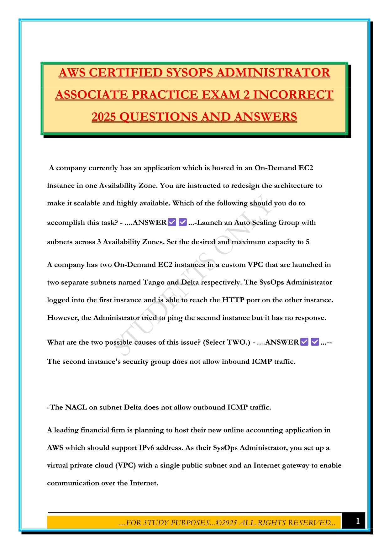 AWS CERTIFIED SYSOPS ADMINISTRATOR ASSOCIATE PRACTICE EXAM 2 INCORRECT 2025 QUESTIONS AND ANSWERS