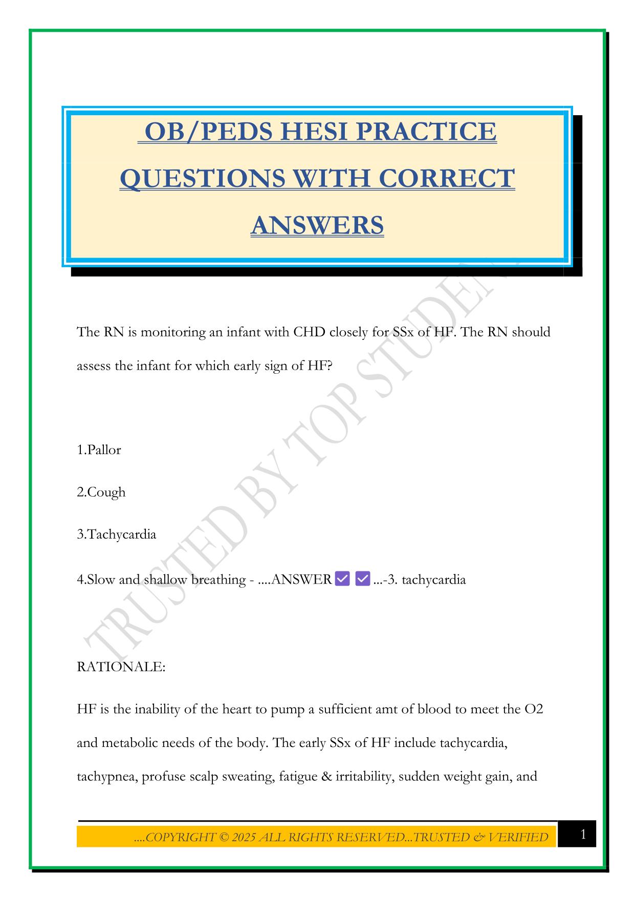OB/PEDS HESI PRACTICE QUESTIONS WITH CORRECT ANSWERS
