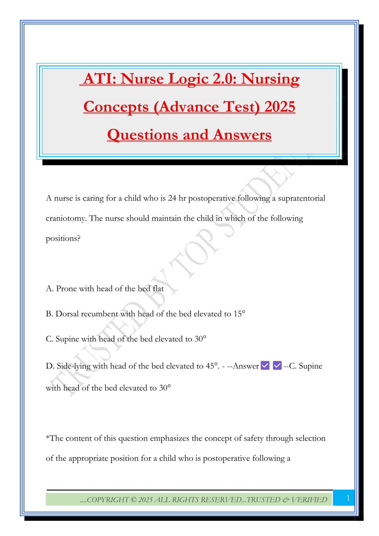 ATI: Nurse Logic 2.0: Nursing Concepts (Advance Test) 2025 Questions and Answers