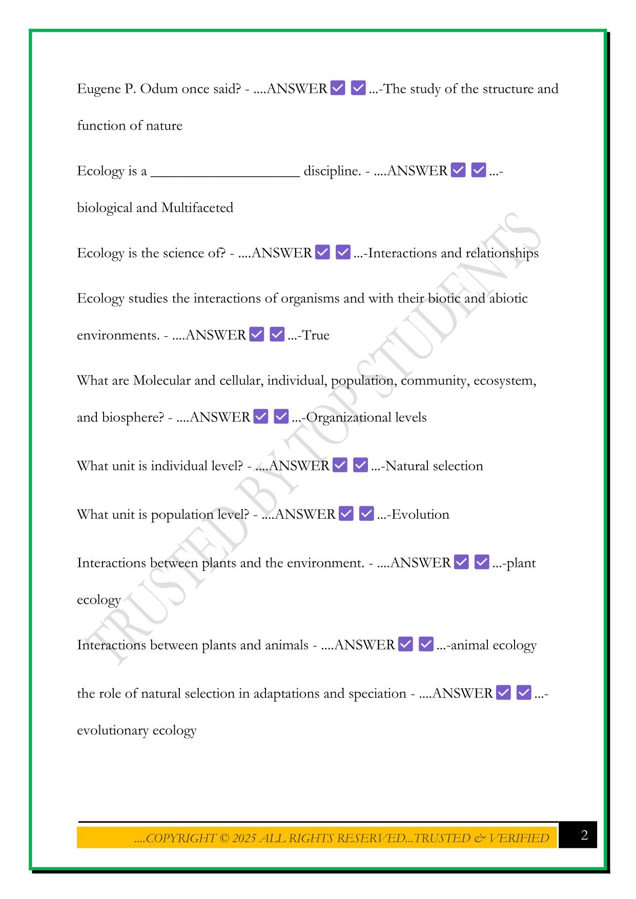 ECOLOGY EXAM 1 IUPUI EXAM 2025 QUESTIONS AND ANSWERS