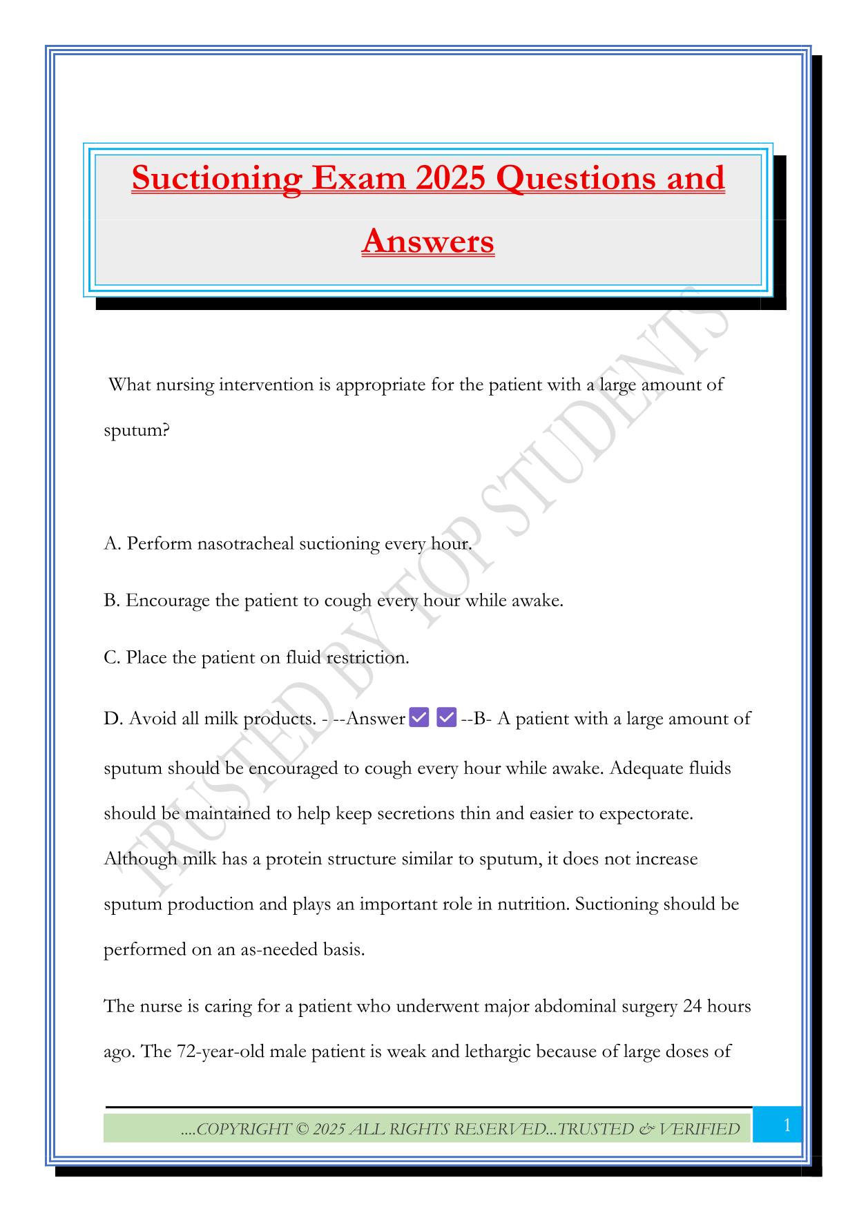 Suctioning Exam 2025 Questions and Answers