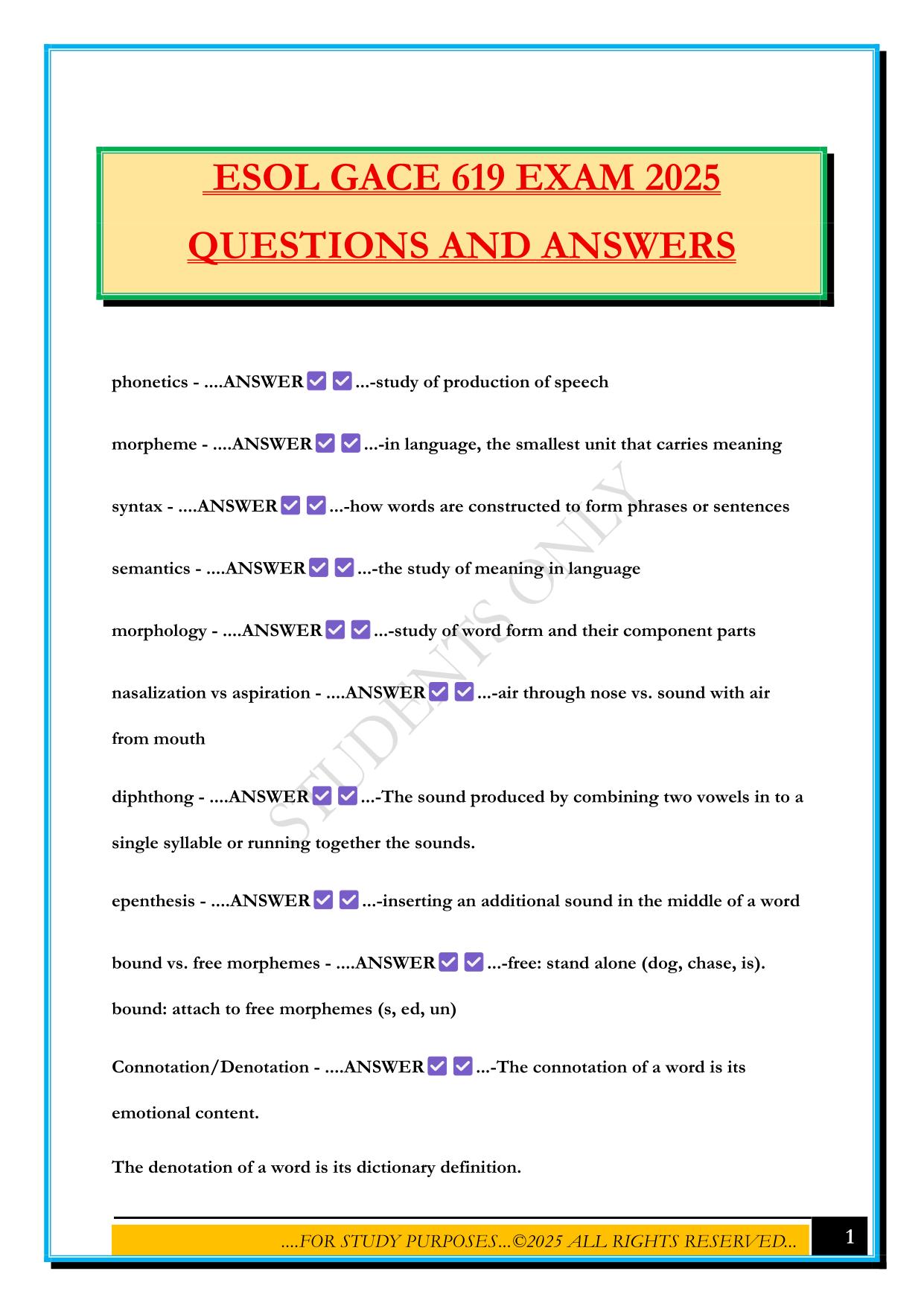 ESOL GACE 619 EXAM 2025 QUESTIONS AND ANSWERS