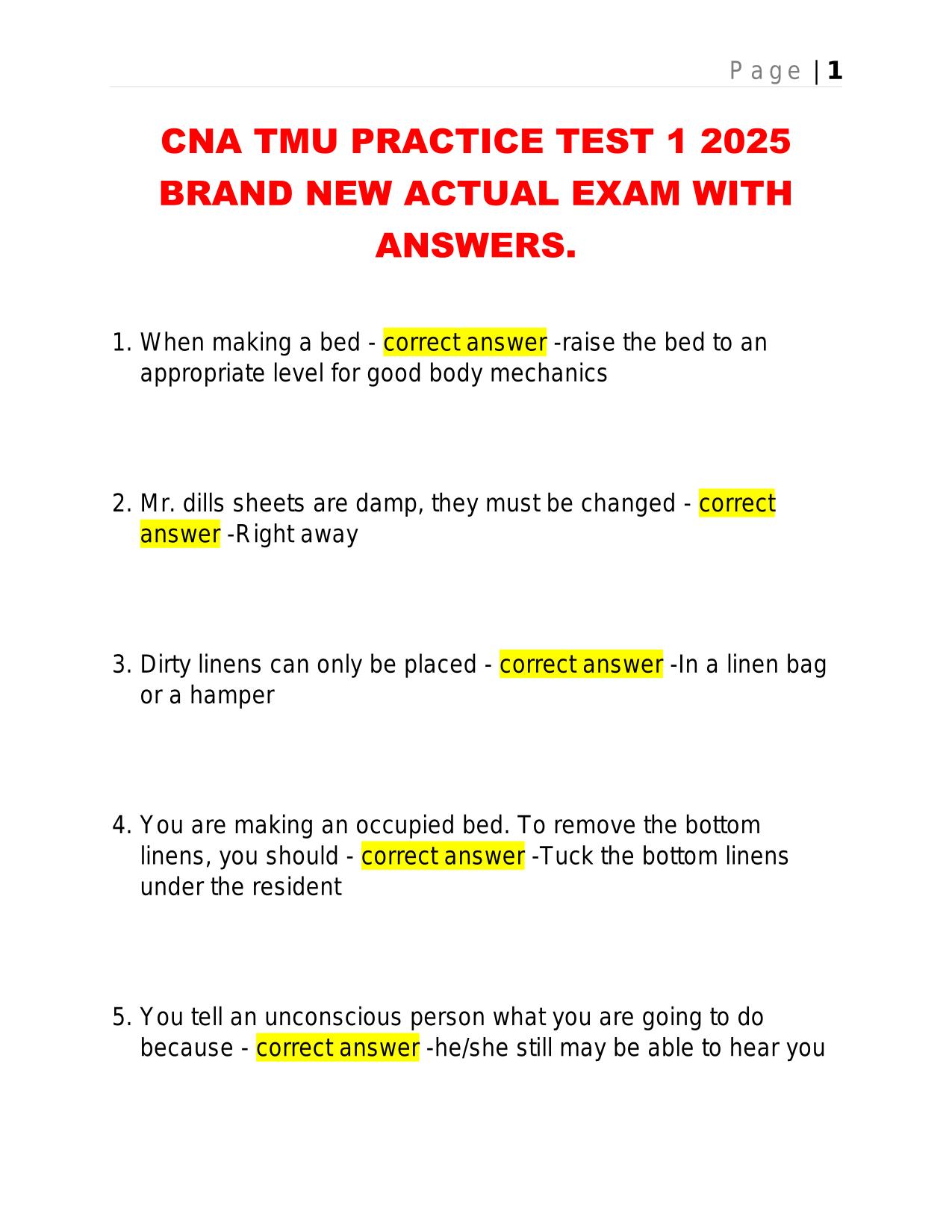 CNA TMU PRACTICE TEST 1 2025 BRAND NEW ACTUAL EXAM WITH ANSWERS.