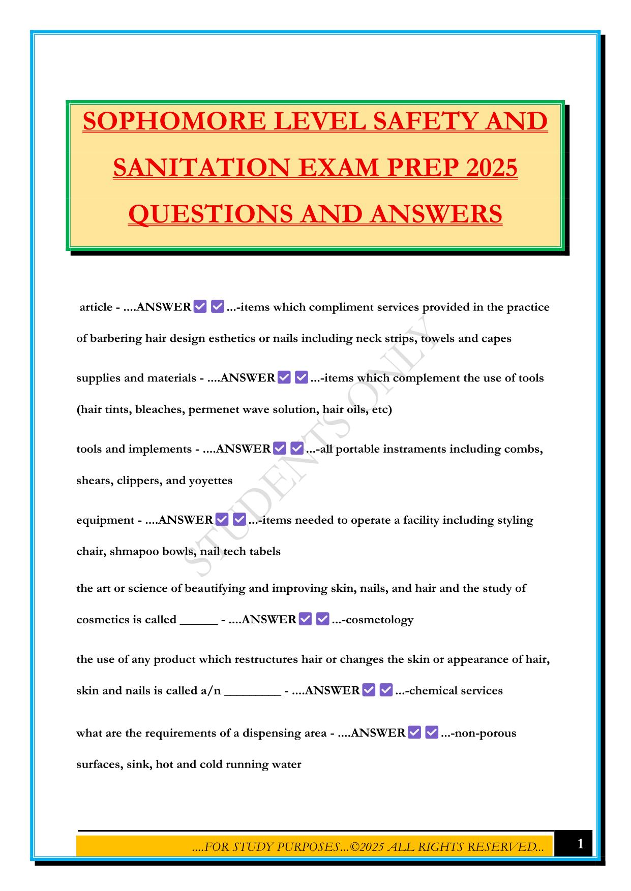 SOPHOMORE LEVEL SAFETY AND SANITATION EXAM PREP 2025 QUESTIONS AND ANSWERS