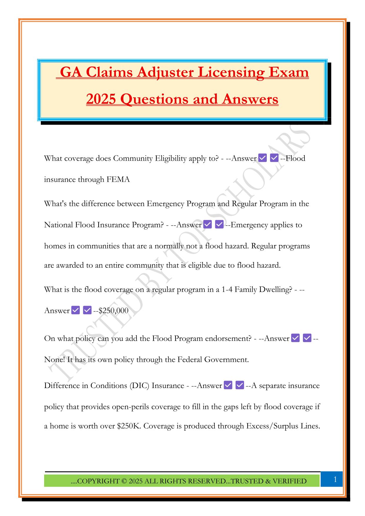 GA Claims Adjuster Licensing Exam 2025 Questions and Answers
