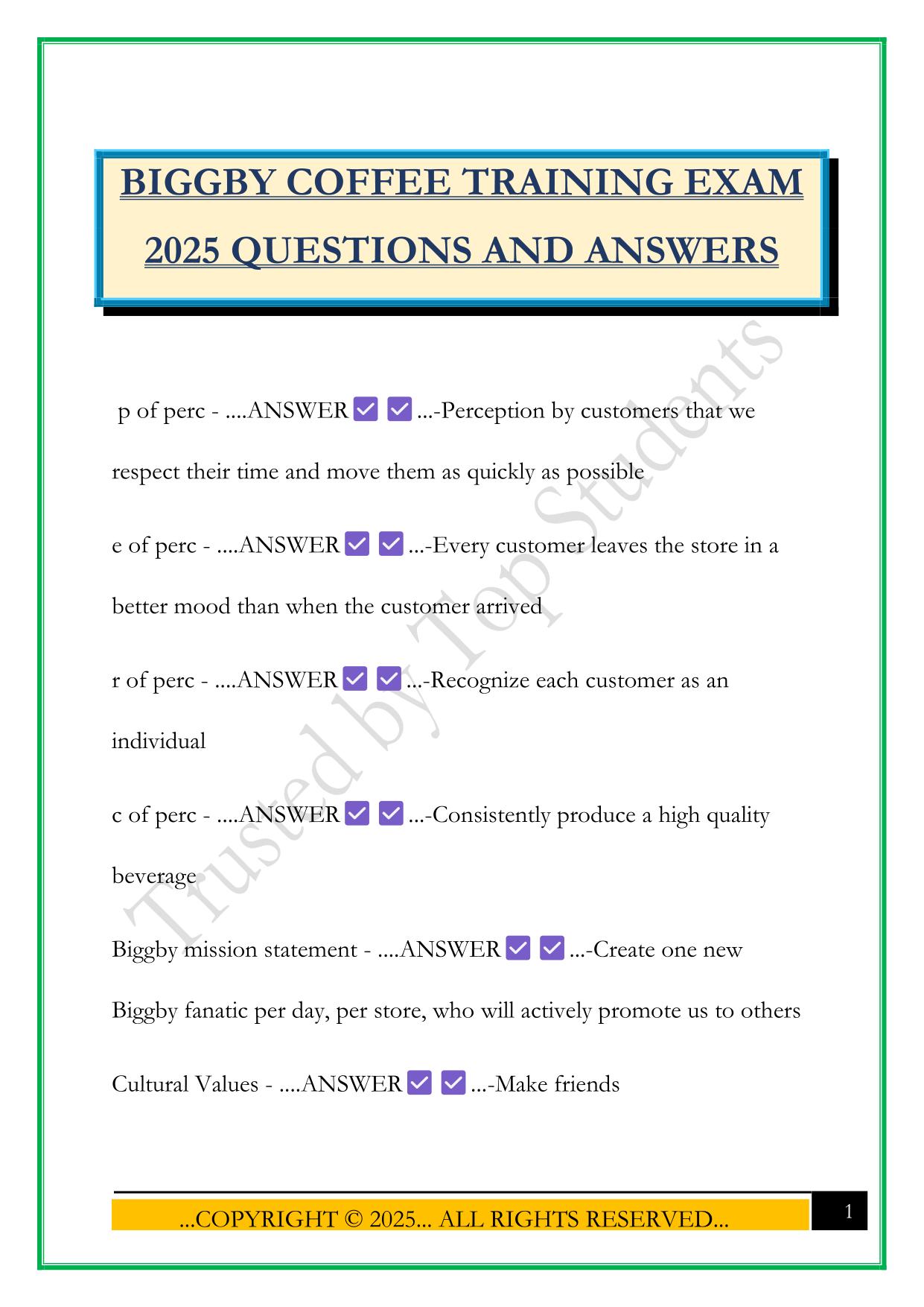 BIGGBY COFFEE TRAINING EXAM 2025 QUESTIONS AND ANSWERS