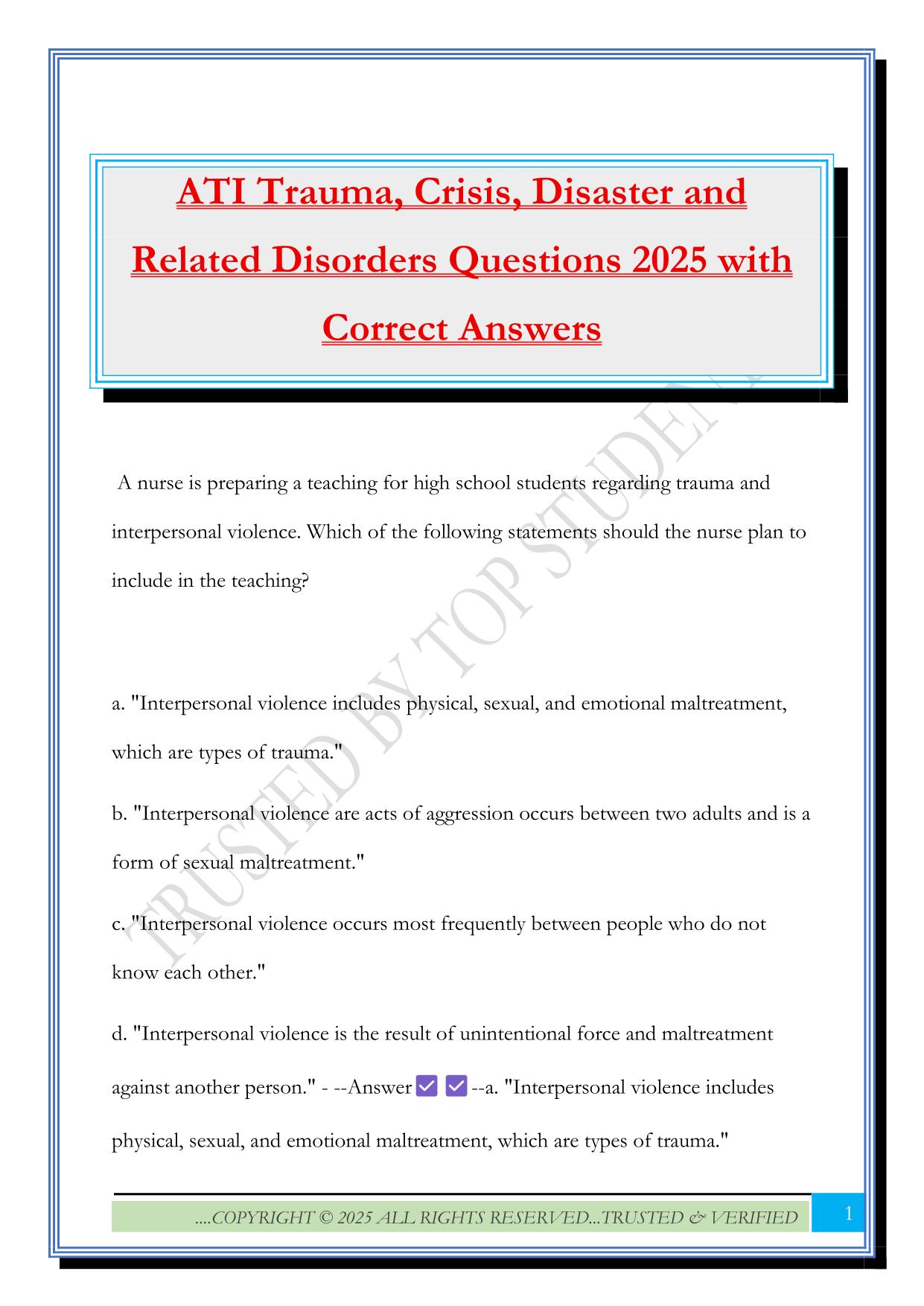 ATI Trauma, Crisis, Disaster and Related Disorders Questions 2025 with Correct Answers
