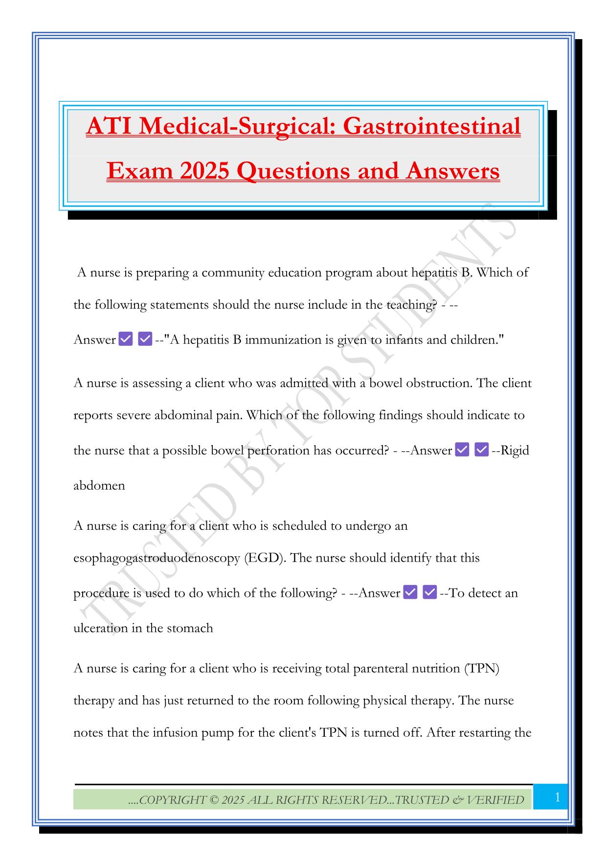 ATI Medical-Surgical: Gastrointestinal Exam 2025 Questions and Answers