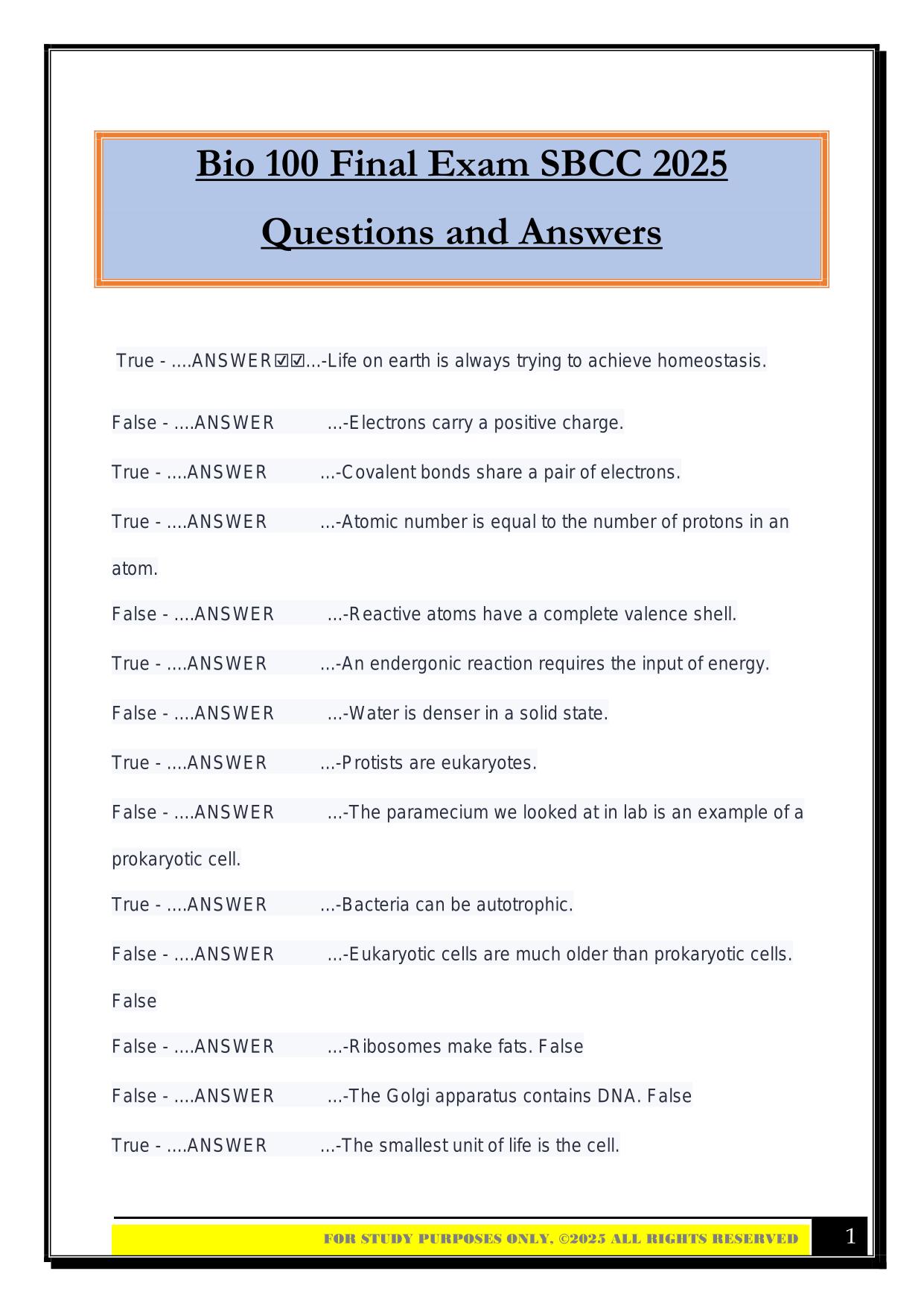 Bio 100 Final Exam SBCC 2025 Questions and Answers