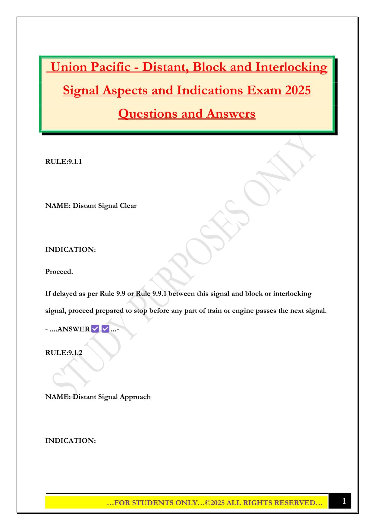 Union Pacific - Distant, Block and Interlocking Signal Aspects and Indications Exam 2025 Questions and Answers