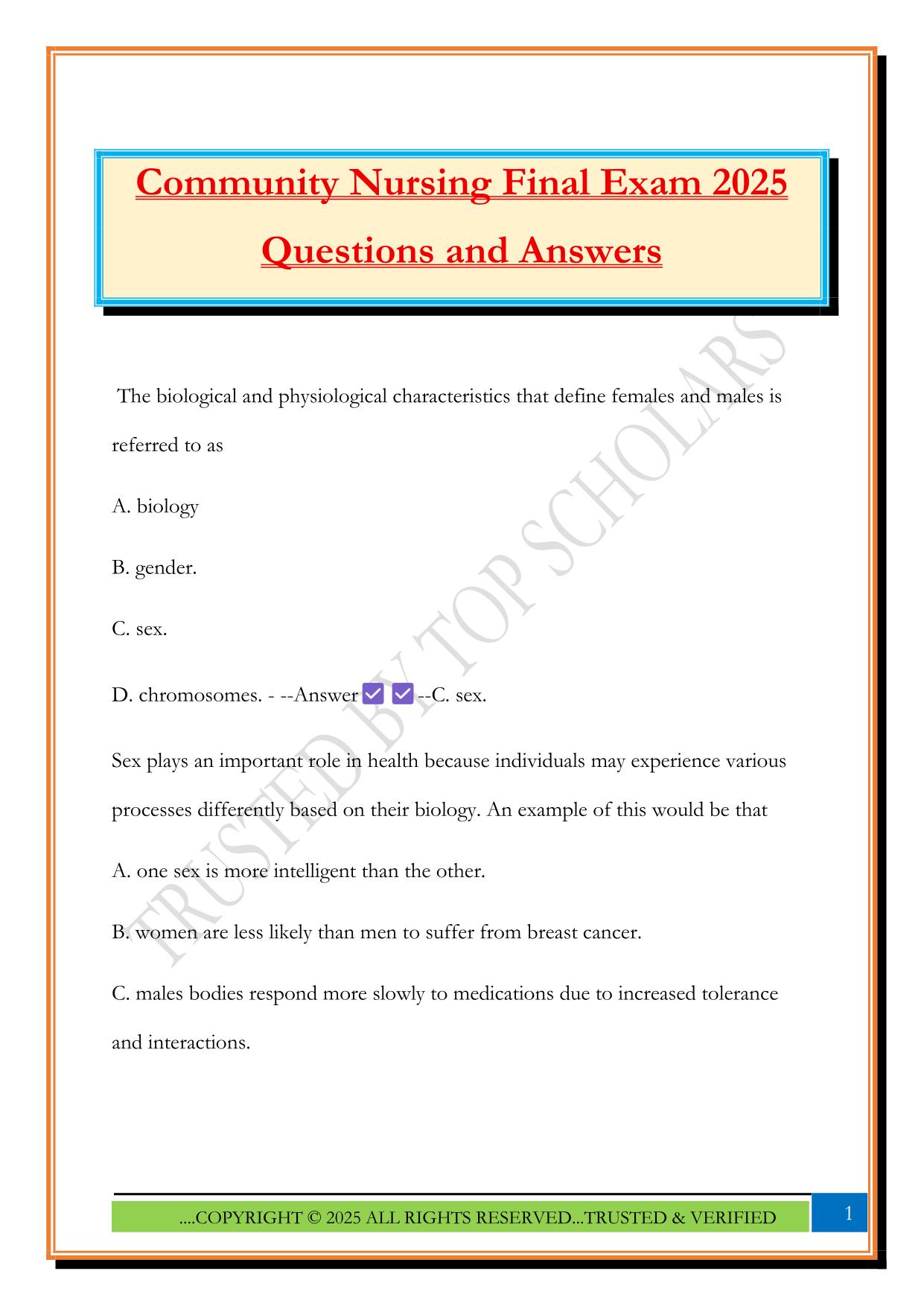 Community Nursing Final Exam 2025 Questions and Answers