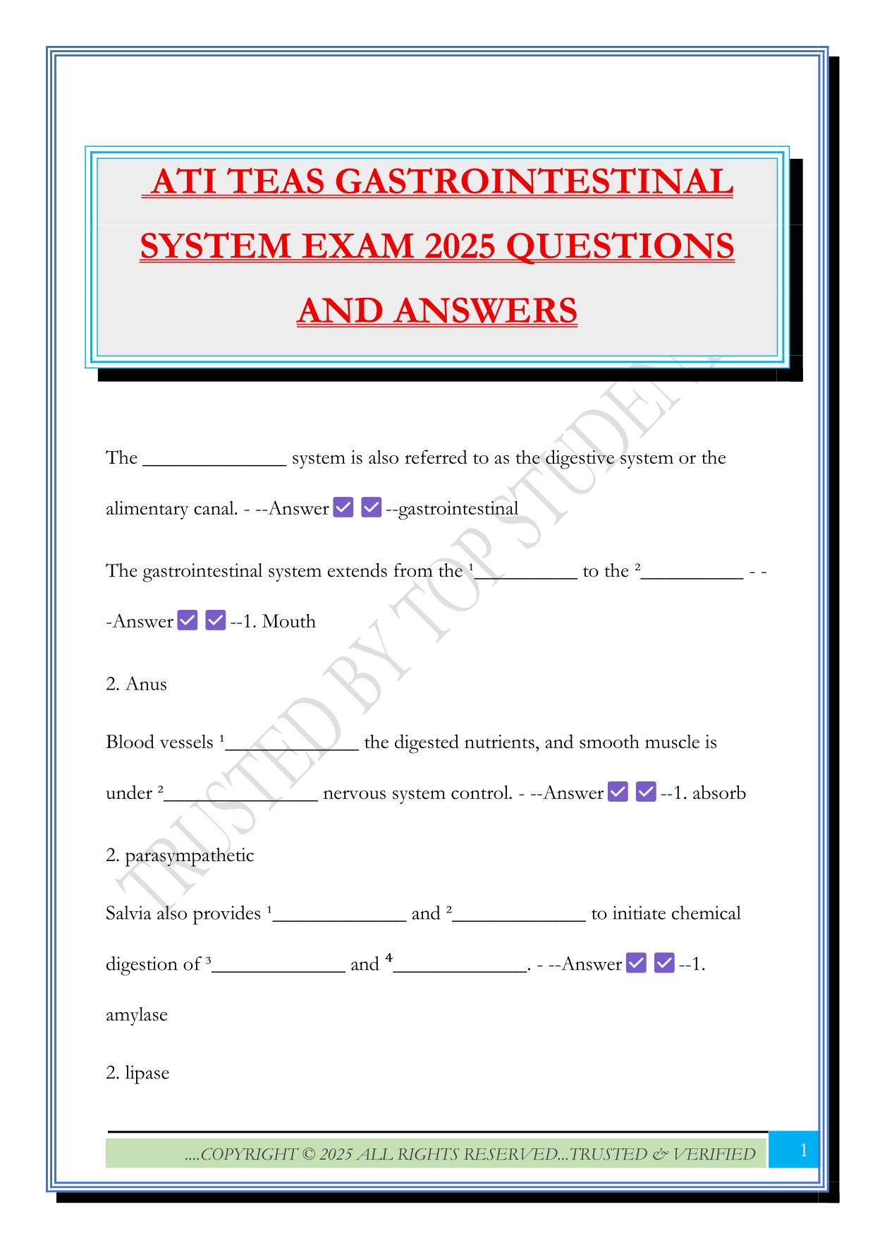 ATI TEAS GASTROINTESTINAL SYSTEM EXAM 2025 QUESTIONS AND ANSWERS