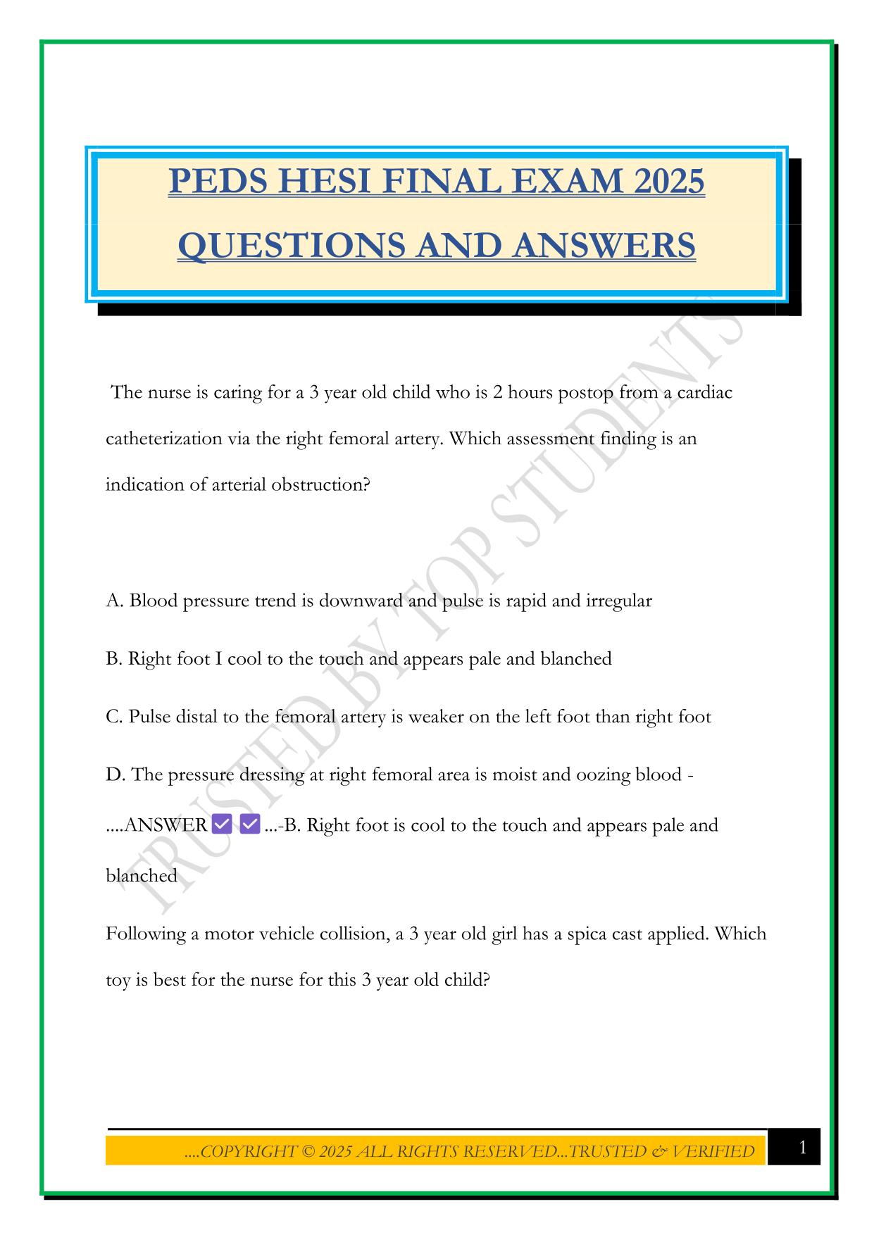 PEDS HESI FINAL EXAM 2025 QUESTIONS AND ANSWERS