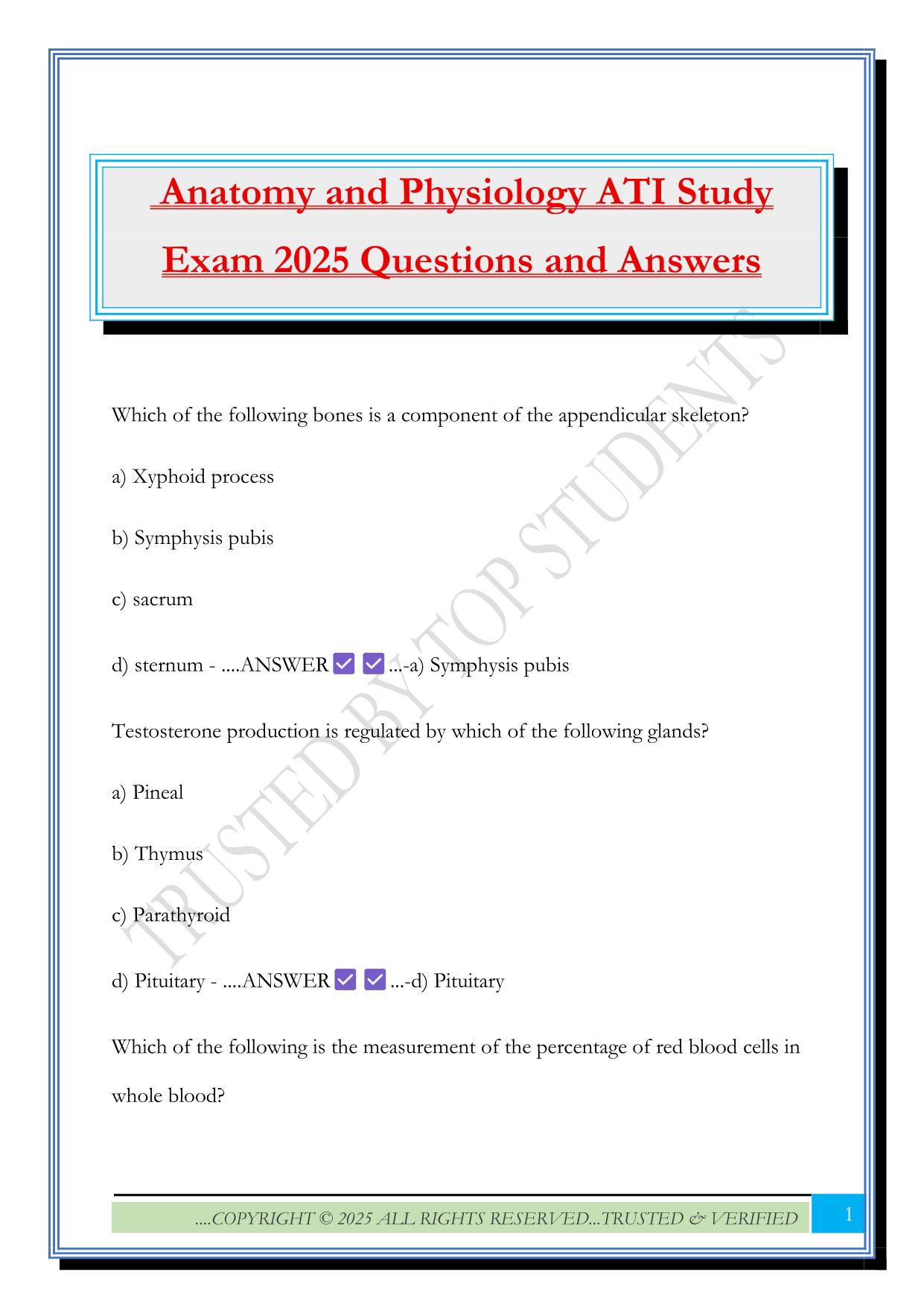 Anatomy and Physiology ATI Study Exam 2025 Questions and Answers