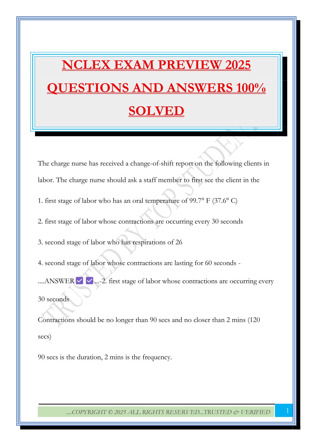 NCLEX EXAM PREVIEW 2025 QUESTIONS AND ANSWERS 100% SOLVED