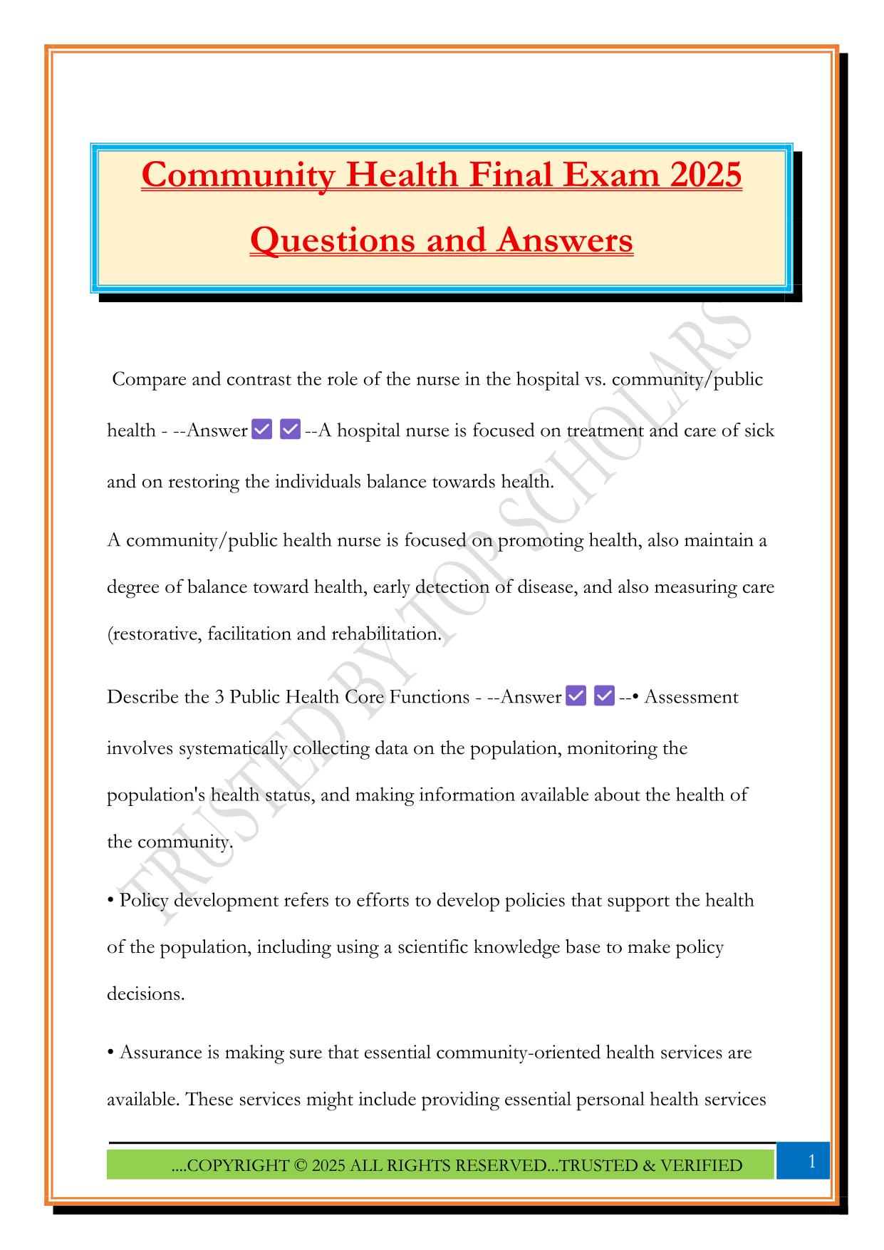 Community Health Final Exam 2025 Questions and Answers