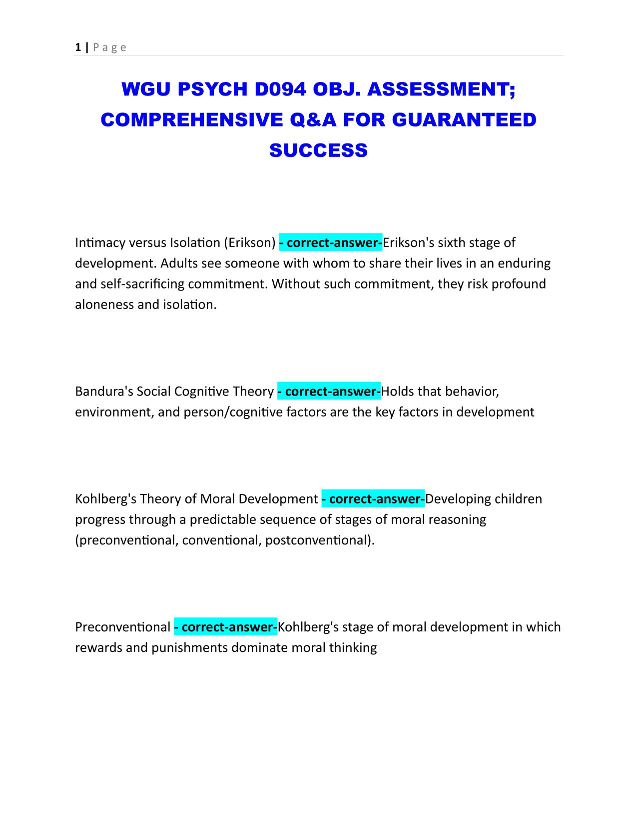 WGU PSYCH D094 OBJ. ASSESSMENT; COMPREHENSIVE Q&A FOR GUARANTEED SUCCESS