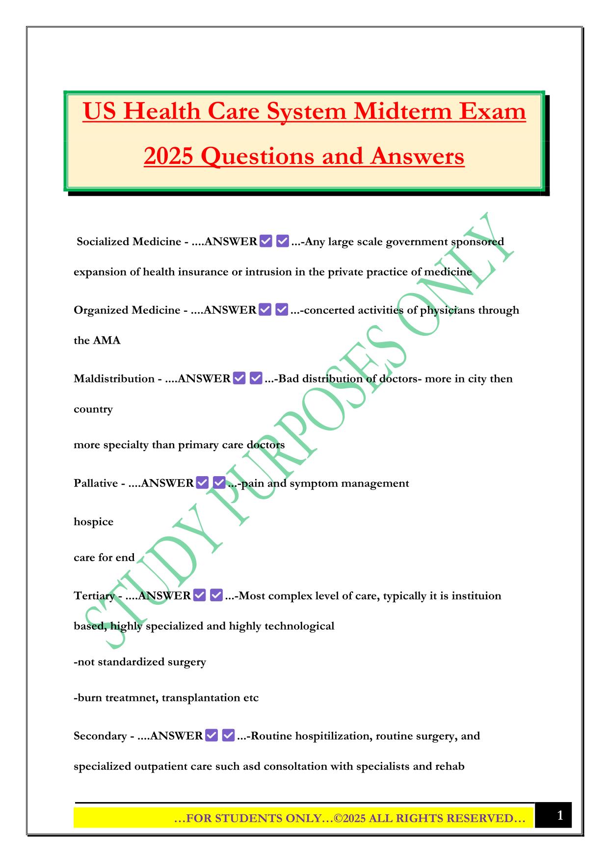 US Health Care System Midterm Exam 2025 Questions and Answers