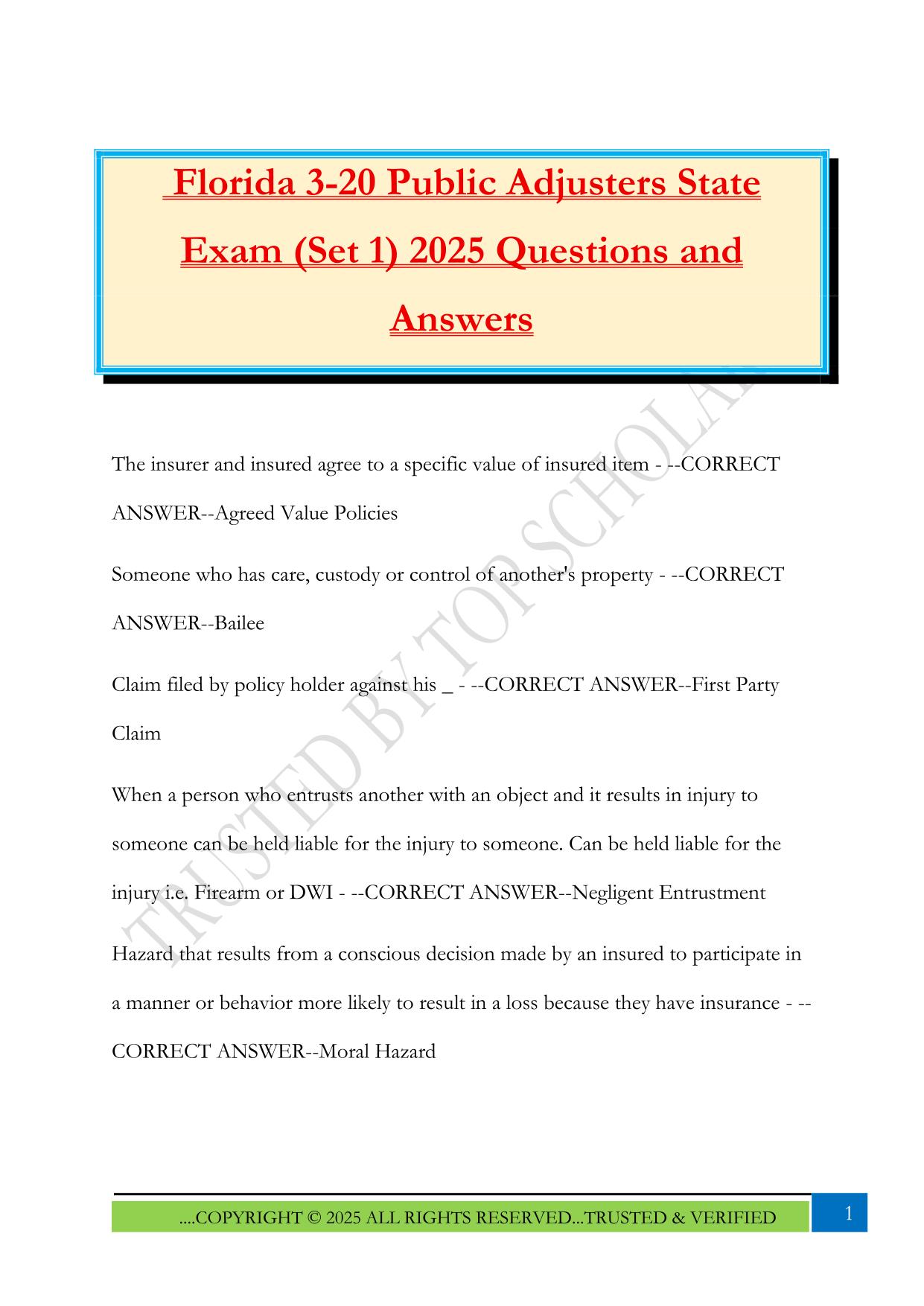 Florida 3-20 Public Adjusters State Exam (Set 1) 2025 Questions and Answers