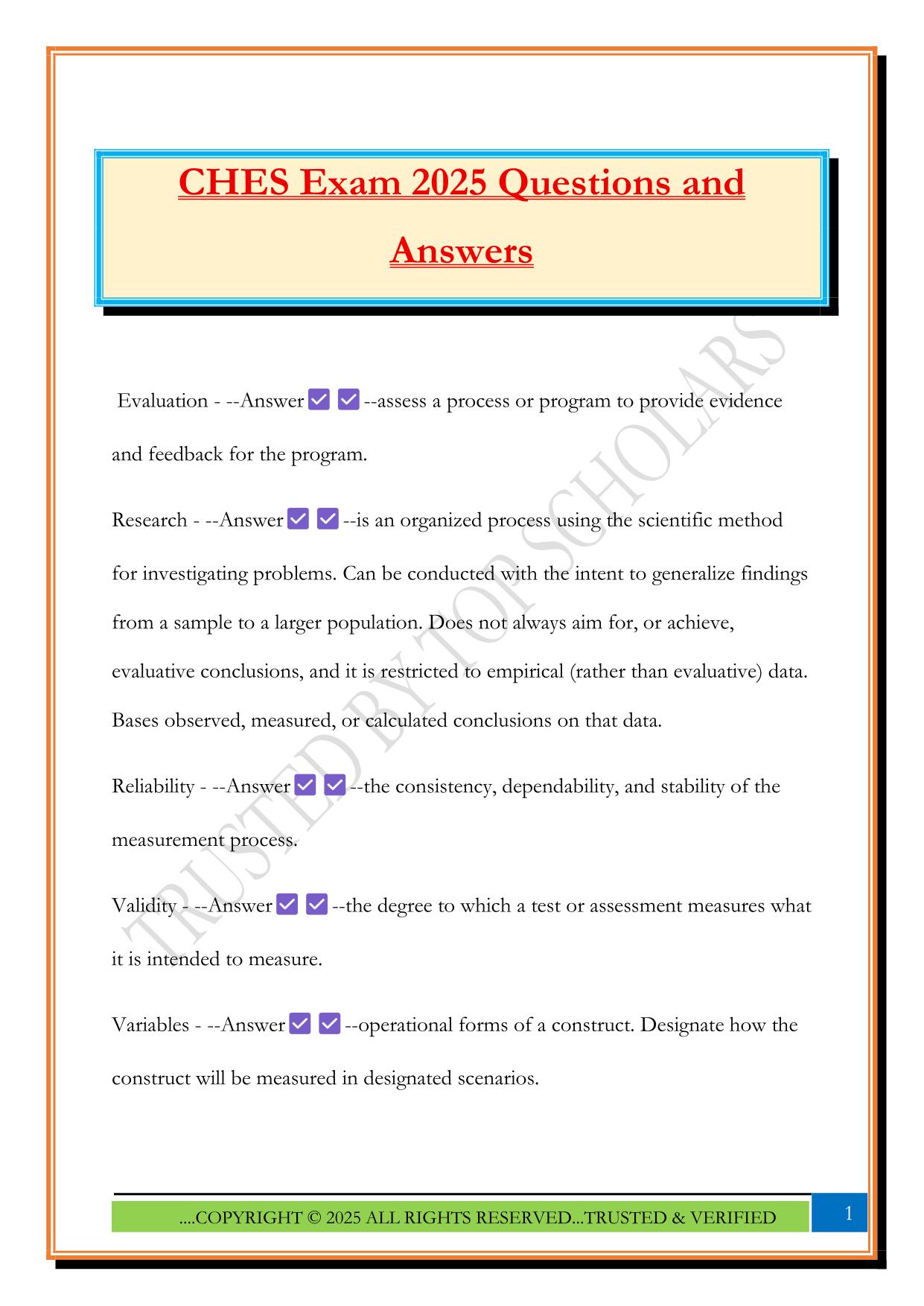 Ches Fall 2025 Bundled Exams Questions and Answers |100% Pass Verified and Updated