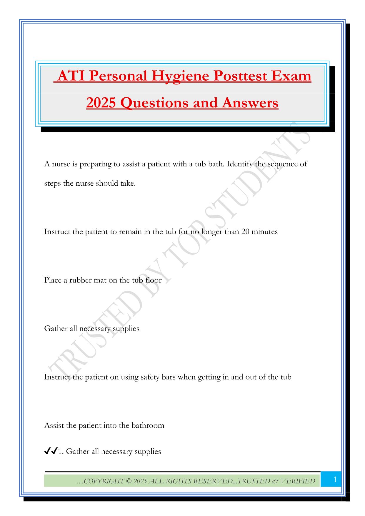 ATI Personal Hygiene Posttest Exam 2025 Questions and Answers