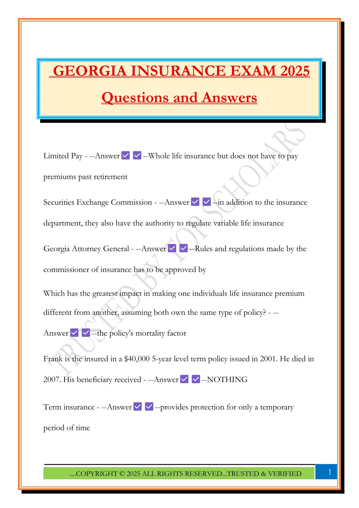 GEORGIA INSURANCE EXAM 2025 Questions and Answers