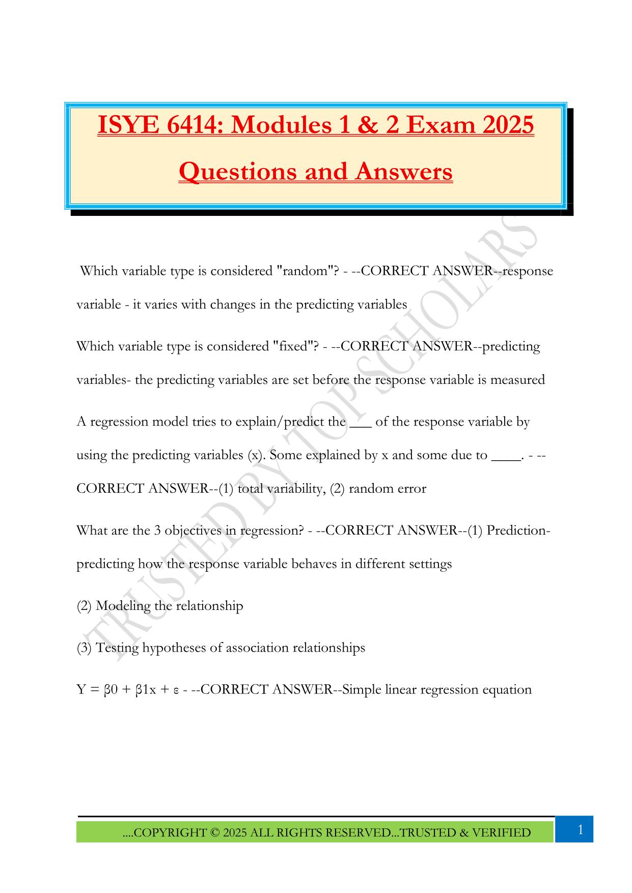 ISYE 6414: Modules 1 & 2 Exam 2025 Questions and Answers