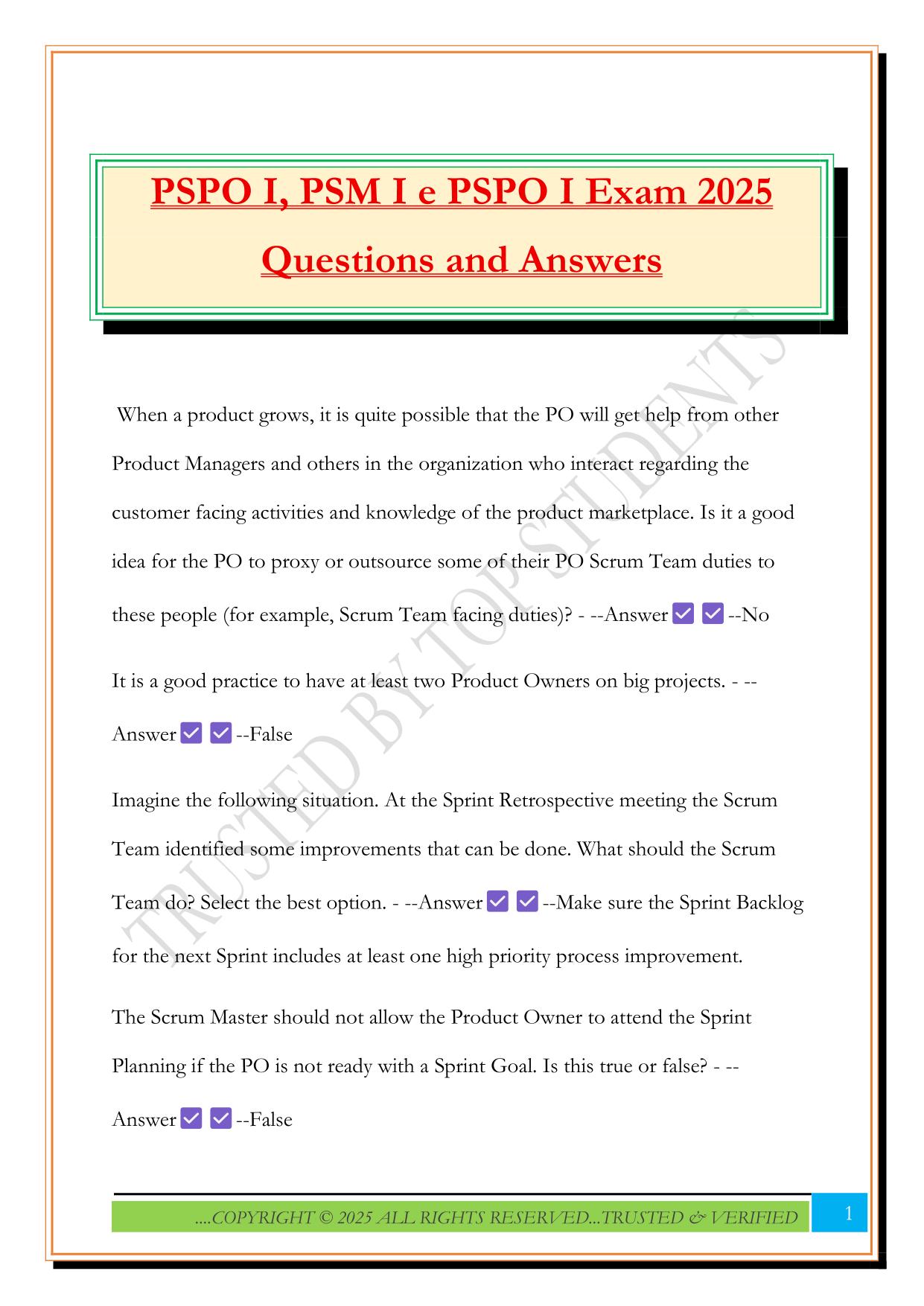 PSPO I, PSM I e PSPO I Exam 2025 Questions and Answers