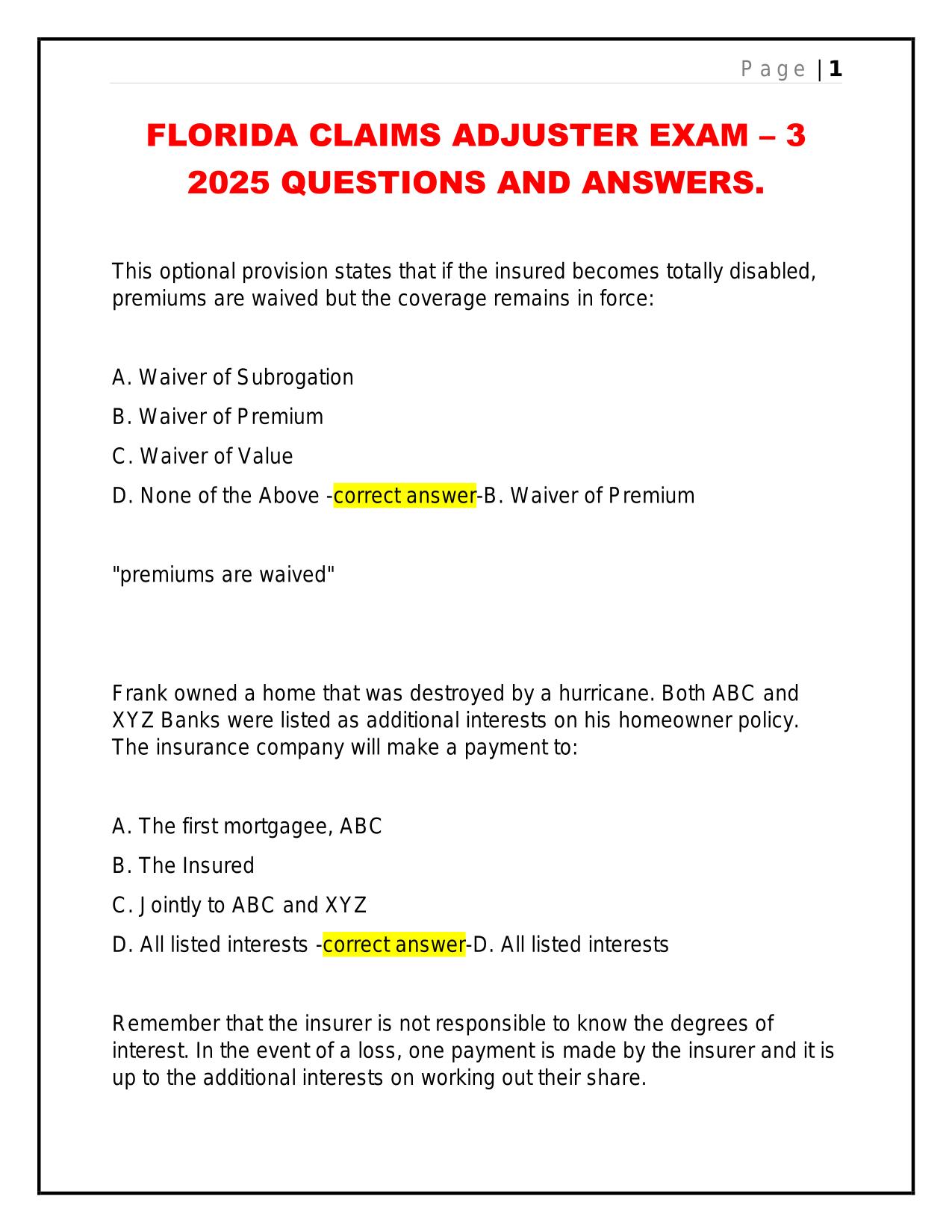 FLORIDA CLAIMS ADJUSTER EXAM – 3 2025 QUESTIONS AND ANSWERS.