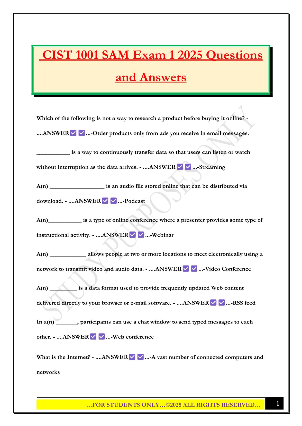 CIST 1001 SAM Exam 1 2025 Questions and Answers