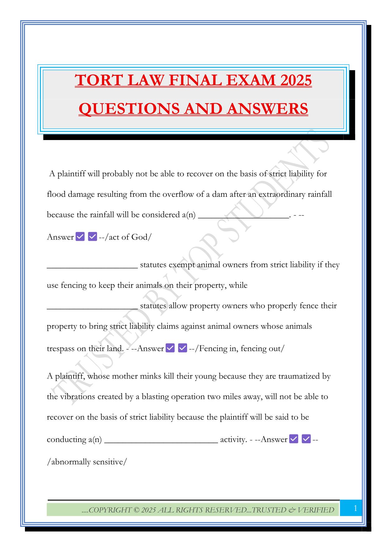 TORT LAW FINAL EXAM 2025 QUESTIONS AND ANSWERS
