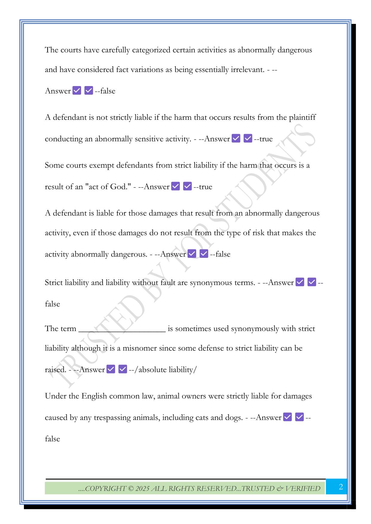 TORT LAW FINAL EXAM 2025 QUESTIONS AND ANSWERS