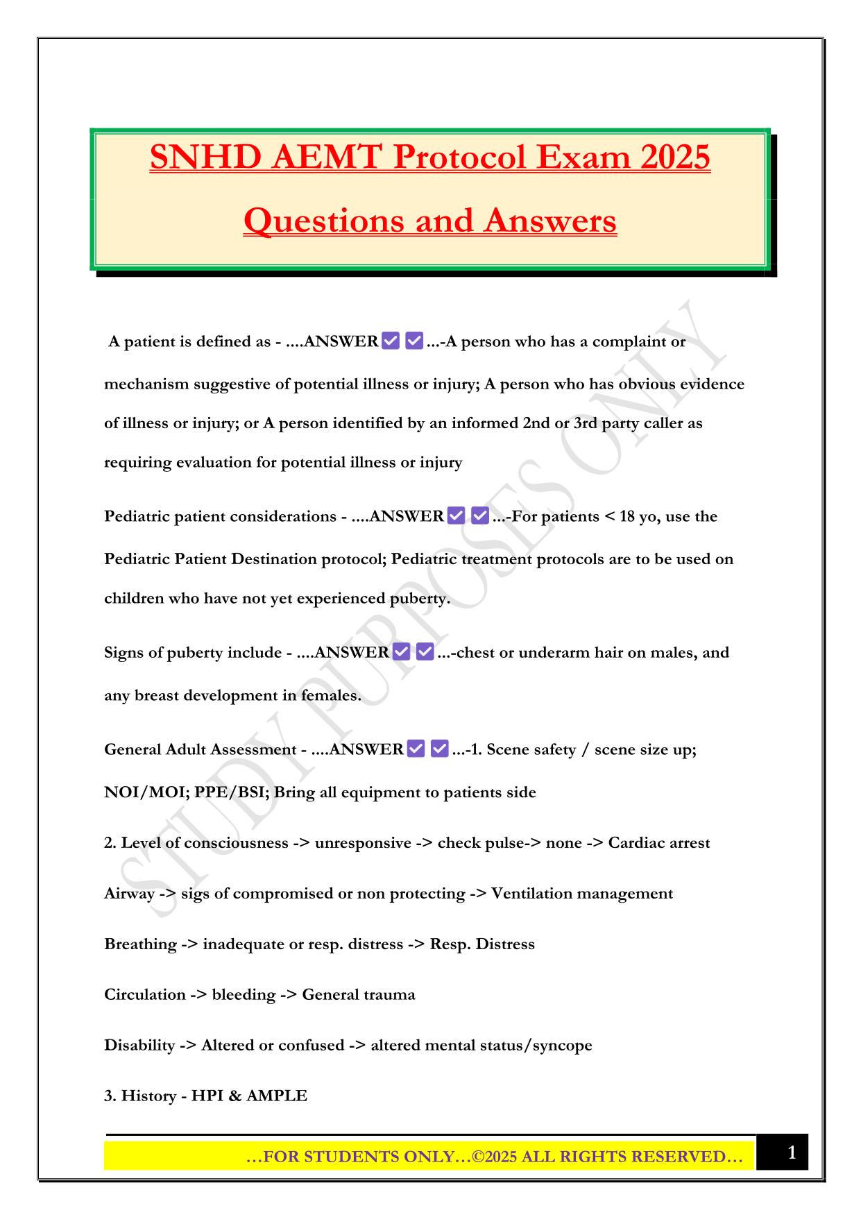 SNHD AEMT Protocol Exam 2025 Questions and Answers