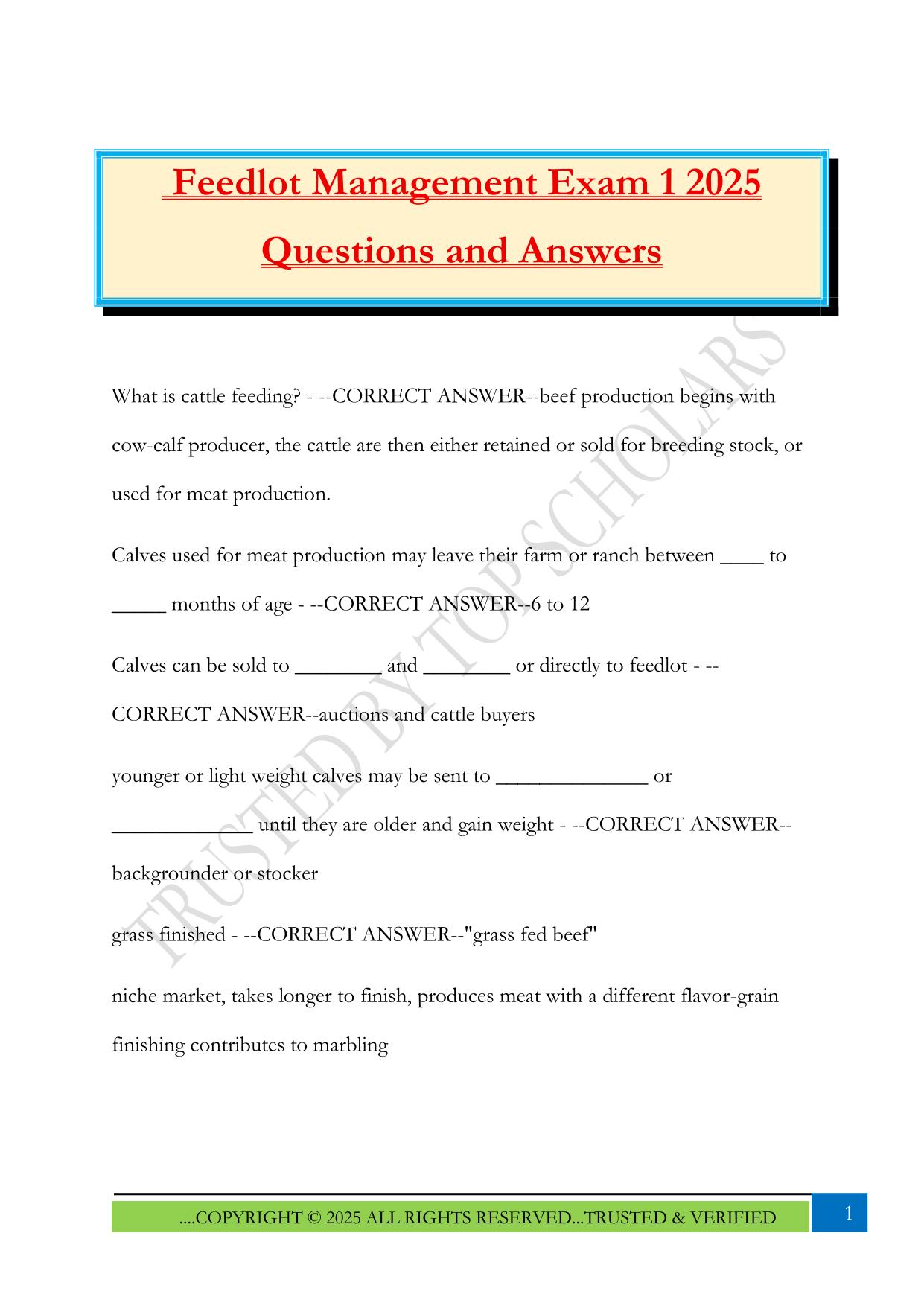 Feedlot Management Exam 1 2025 Questions and Answers