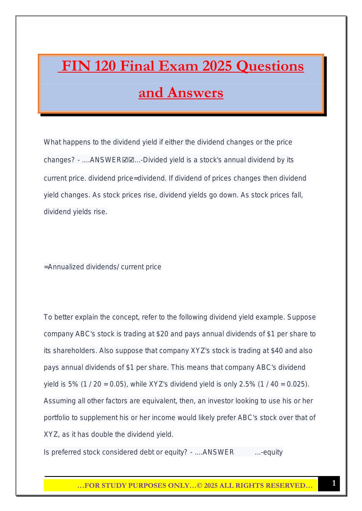 FIN 120 Final Exam 2025 Questions and Answers