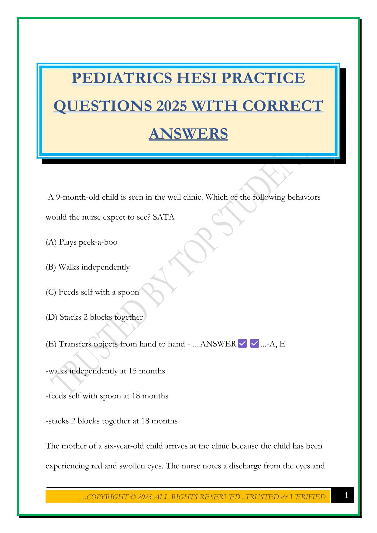 PEDIATRIC HESI Bundled Exams Questions and Answers |100% Pass |Verified and Updated