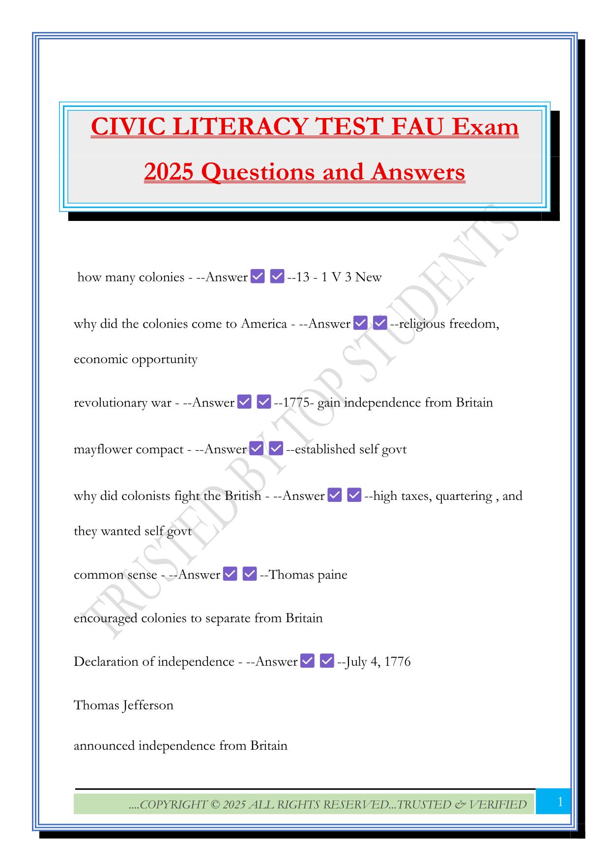 CIVIC LITERACY TEST FAU Exam 2025 Questions and Answers