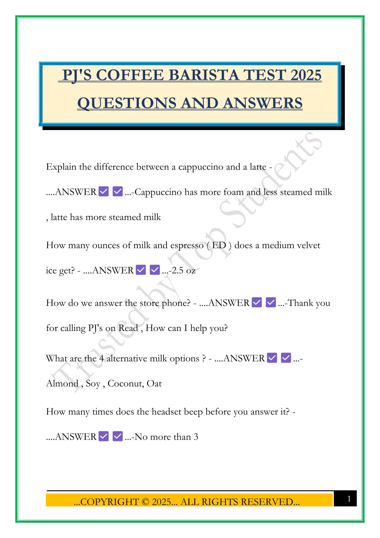 PJ'S COFFEE BARISTA TEST 2025 QUESTIONS AND ANSWERS