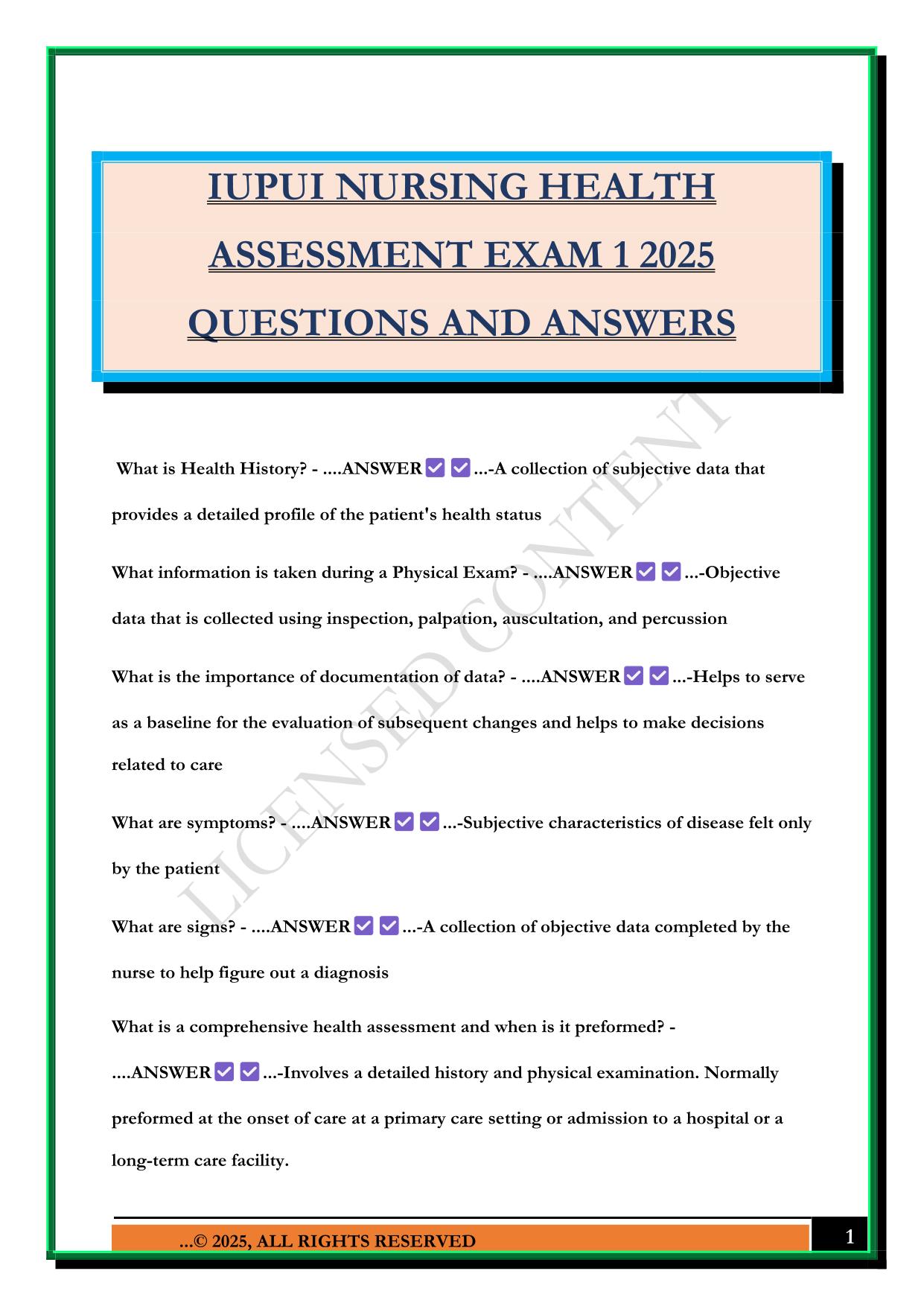 IUPUI NURSING HEALTH ASSESSMENT EXAM 1 2025 QUESTIONS AND ANSWERS
