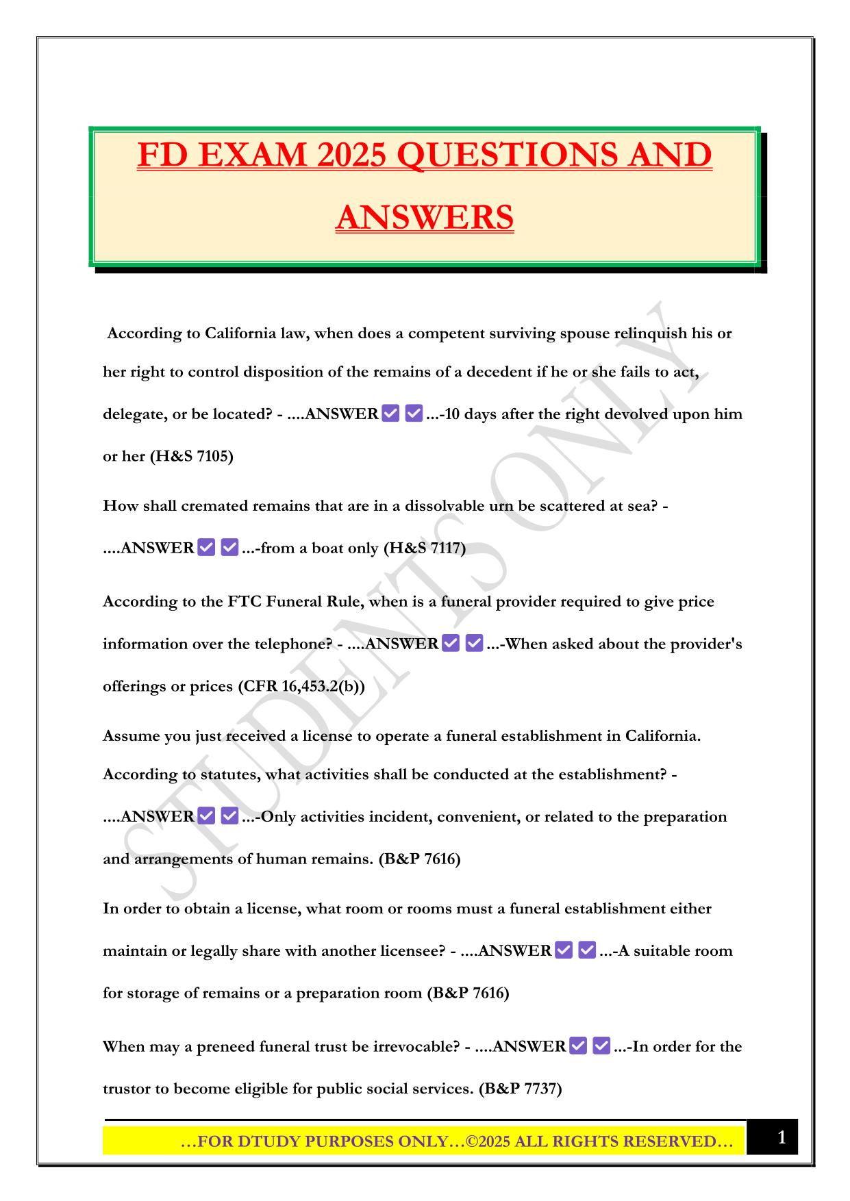 FD EXAM 2025 QUESTIONS AND ANSWERS