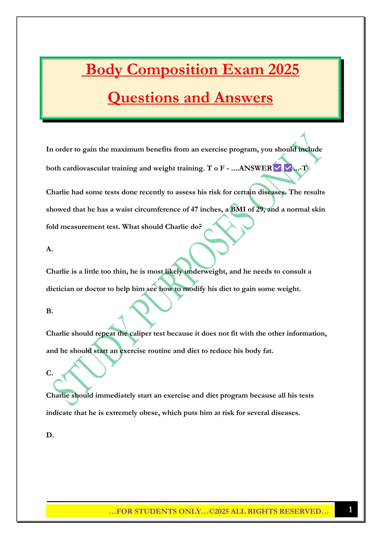 Body Composition Exam 2025 Questions and Answers