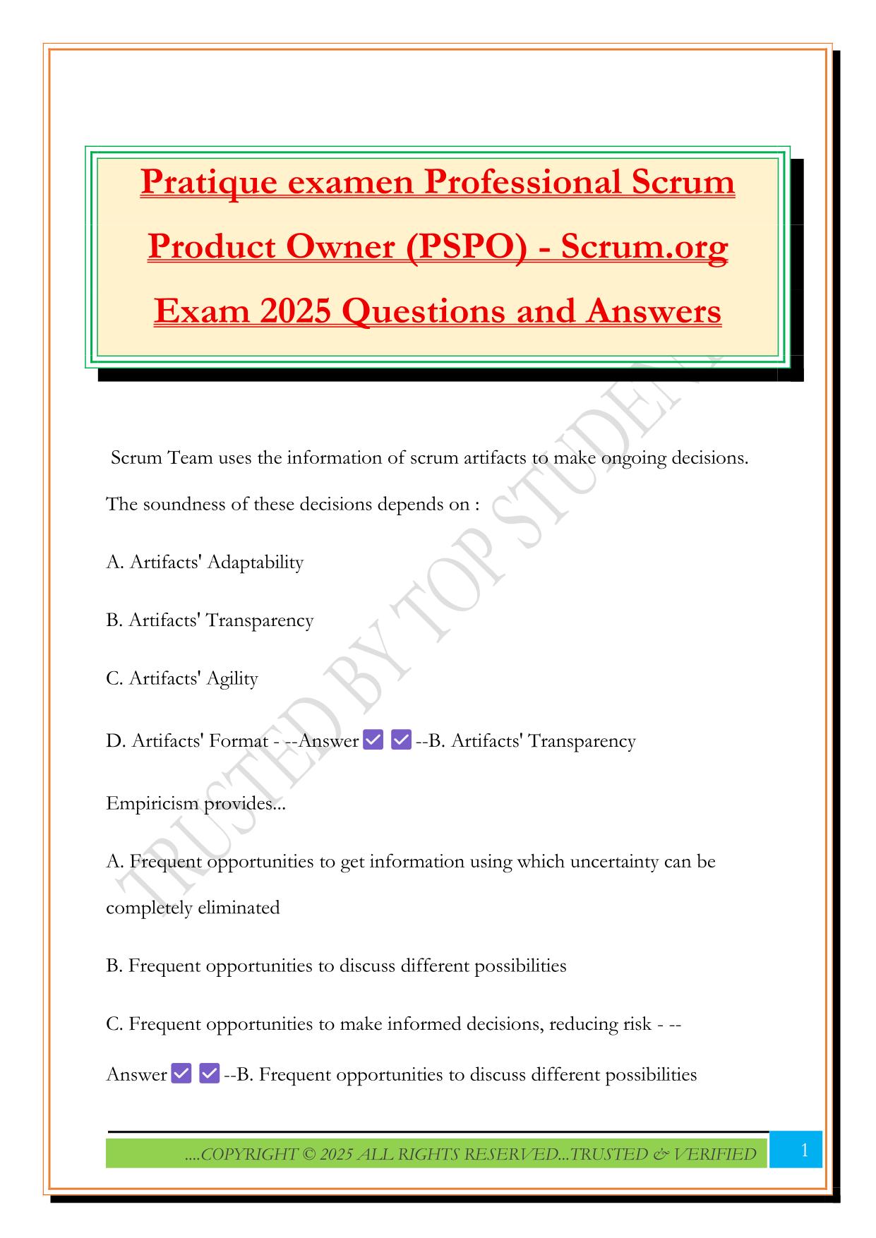 Pratique examen Professional Scrum Product Owner (PSPO) - Scrum.org Exam 2025 Questions and Answers
