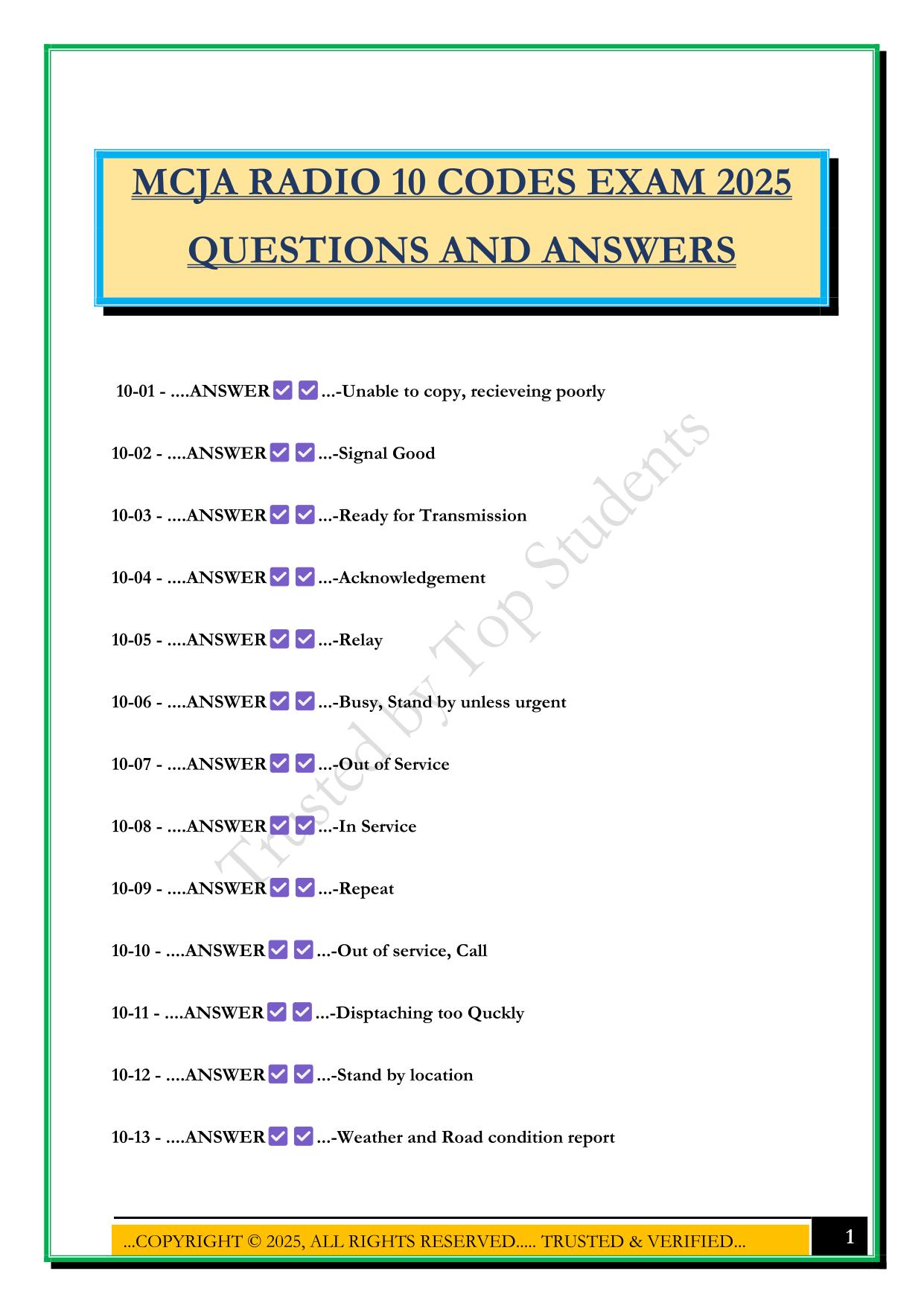 MCJA RADIO 10 CODES EXAM 2025 QUESTIONS AND ANSWER