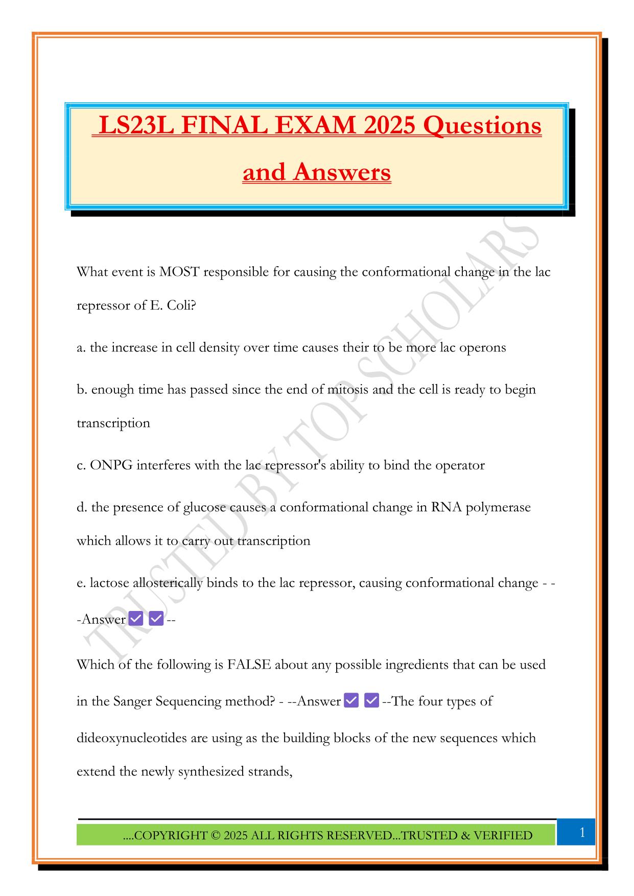 LS23L FINAL EXAM 2025 Questions and Answers