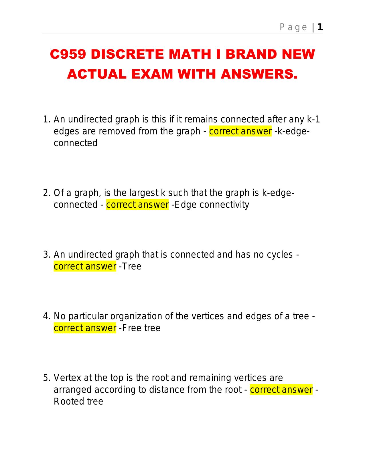 C959 DISCRETE MATH I BRAND NEW ACTUAL EXAM WITH ANSWERS.