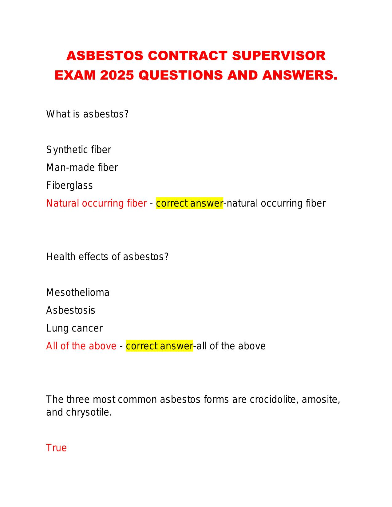 ASBESTOS CONTRACT SUPERVISOR EXAM 2025 QUESTIONS AND ANSWERS.