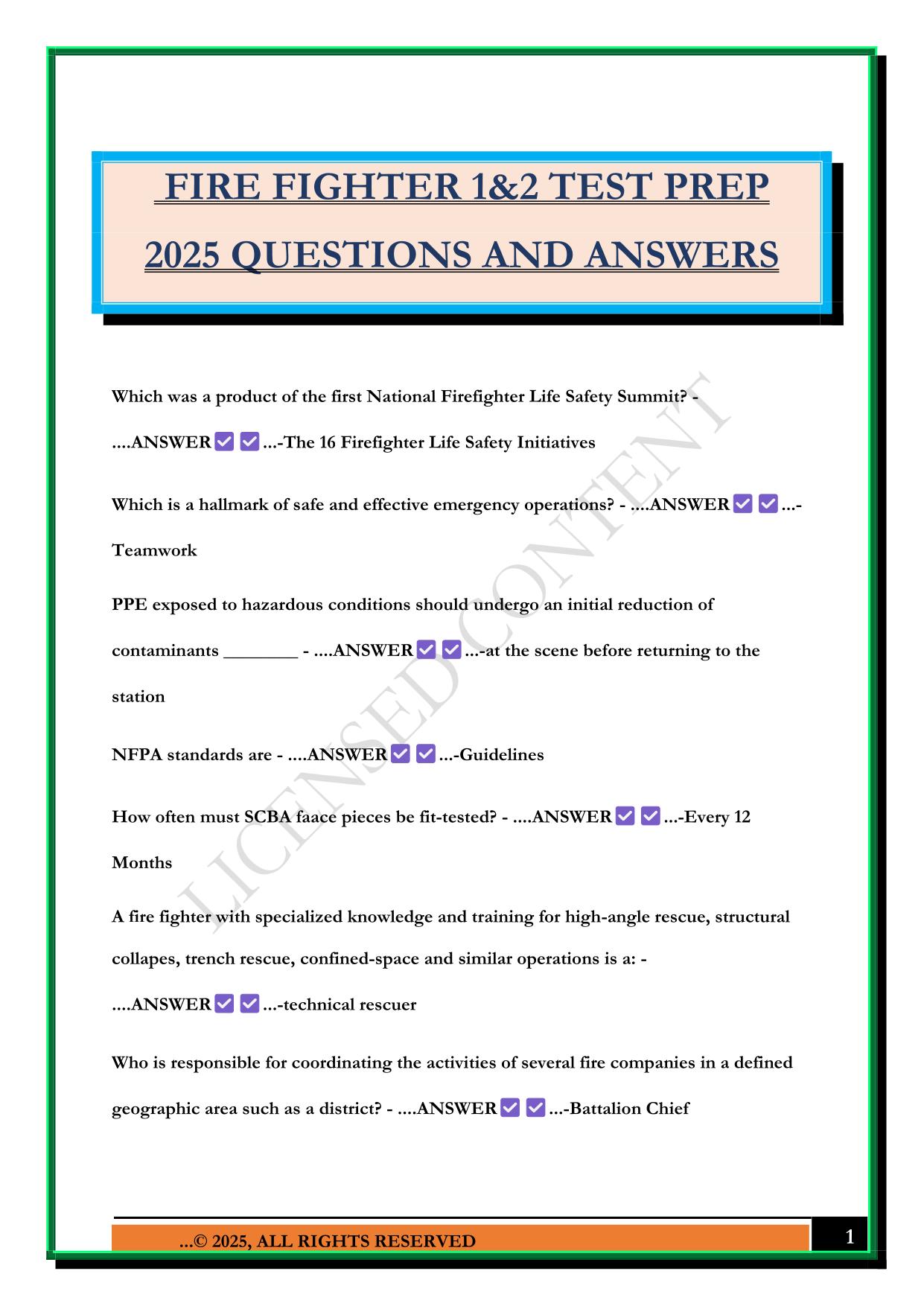 FIRE FIGHTER 1&2 TEST PREP 2025 QUESTIONS AND ANSWERS